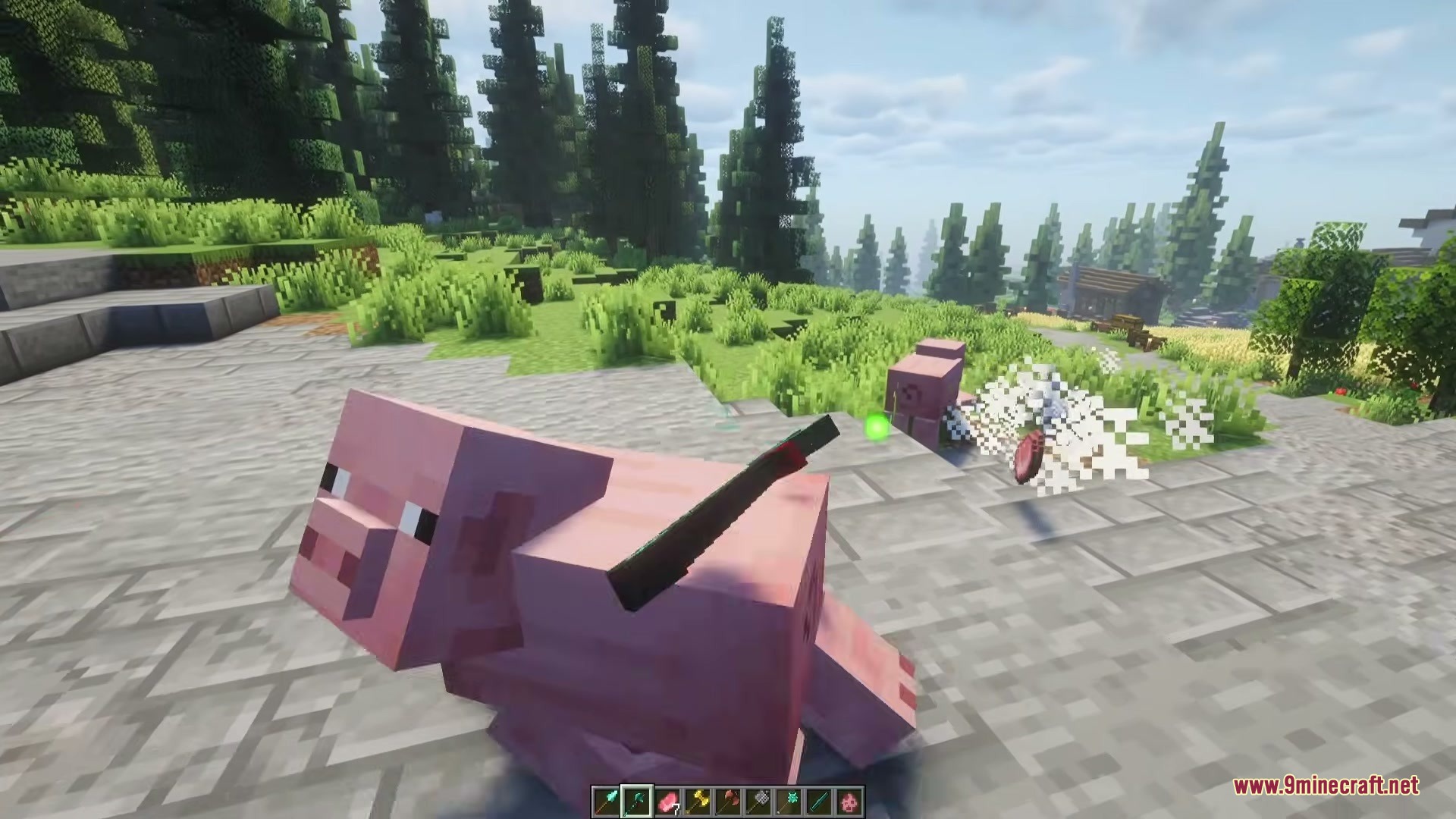 Vanilla Armory Mod Screenshot 7 A player strikes a pig using a new weapon from Vanilla Armory