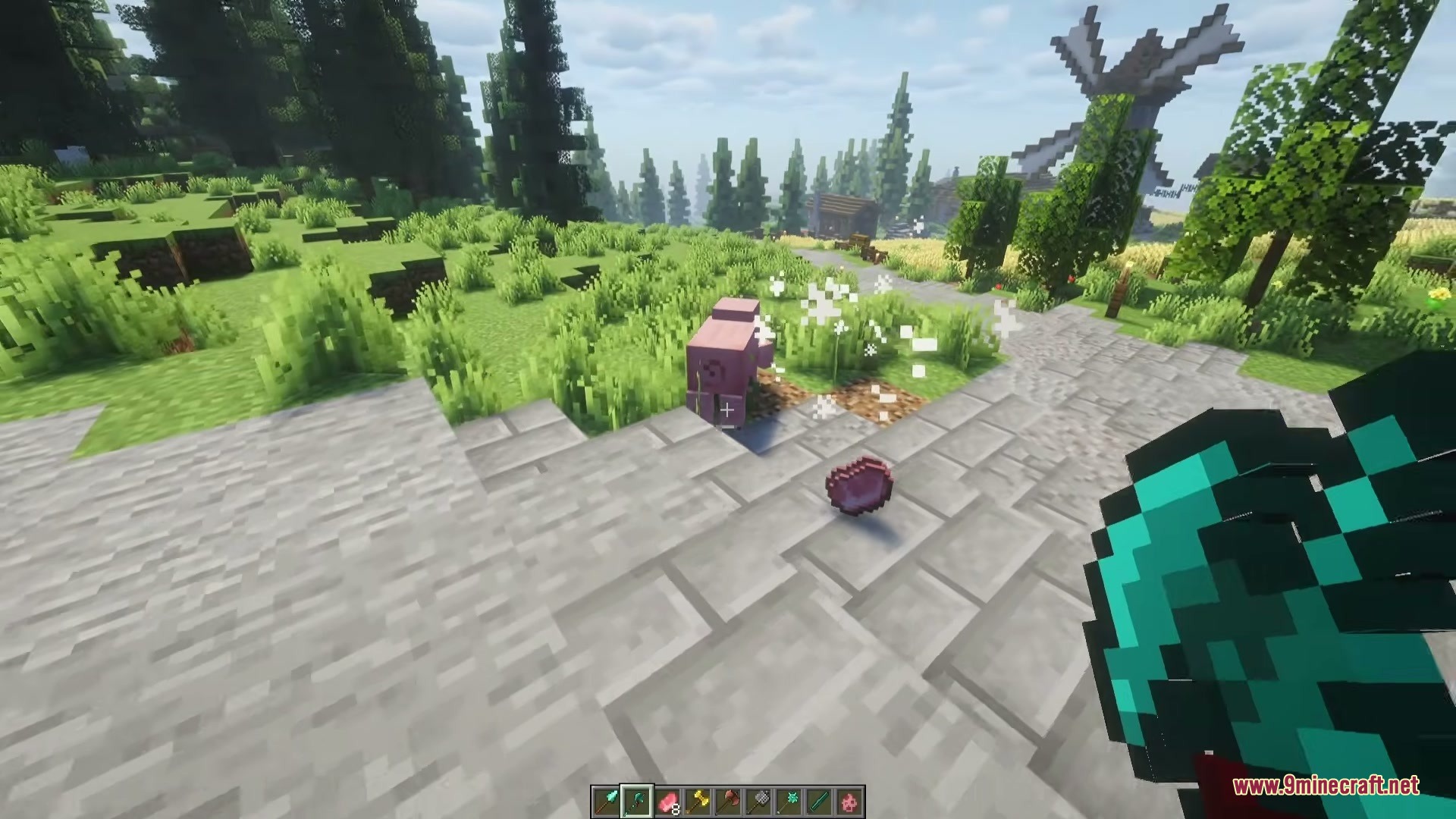 Vanilla Armory Mod Screenshot 8 Player holding a diamond battle axe after defeating a pig in the forest