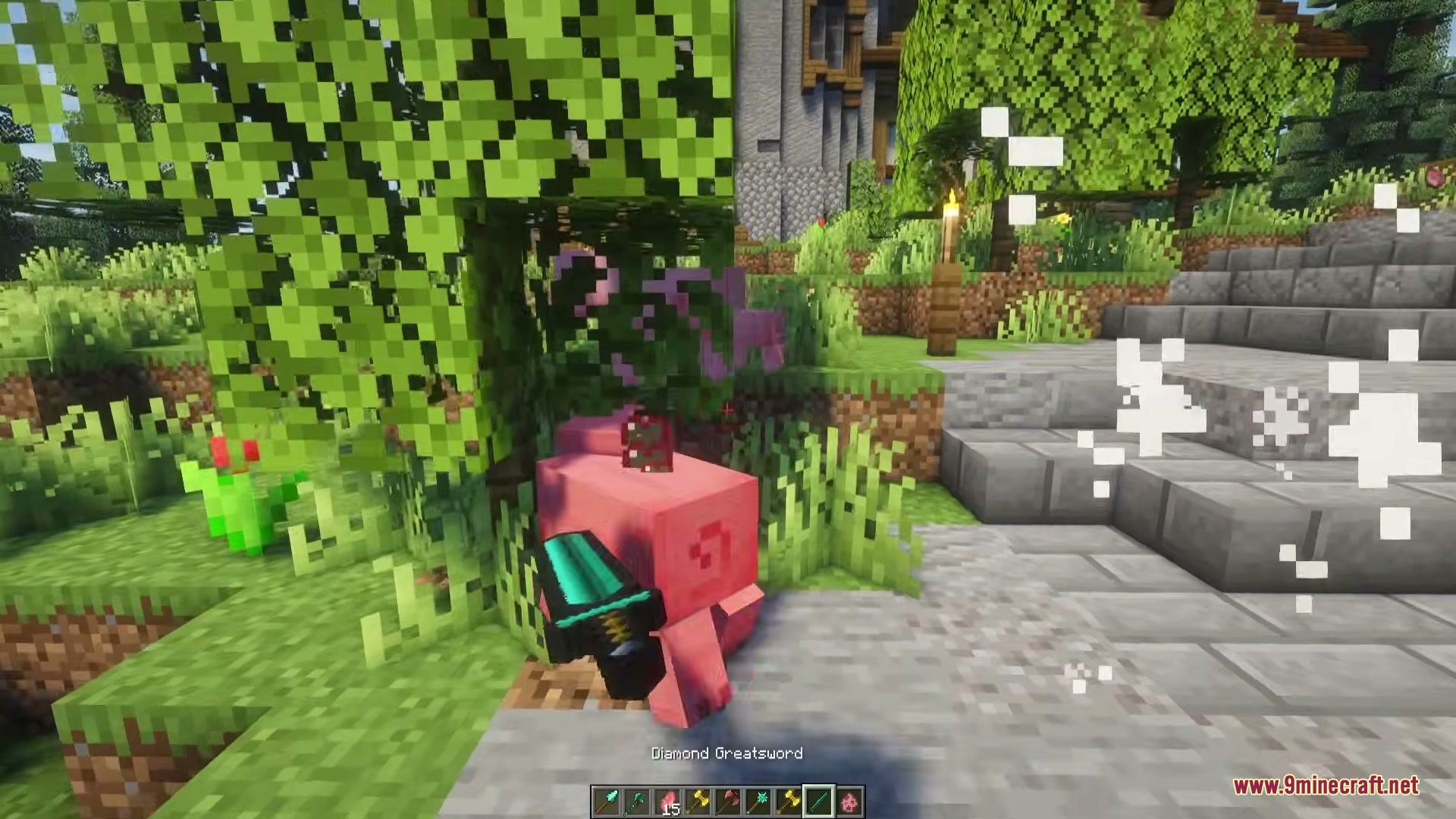 Vanilla Armory Mod Screenshot 9 A player attacks a pig using a diamond greatsword near stone stairs