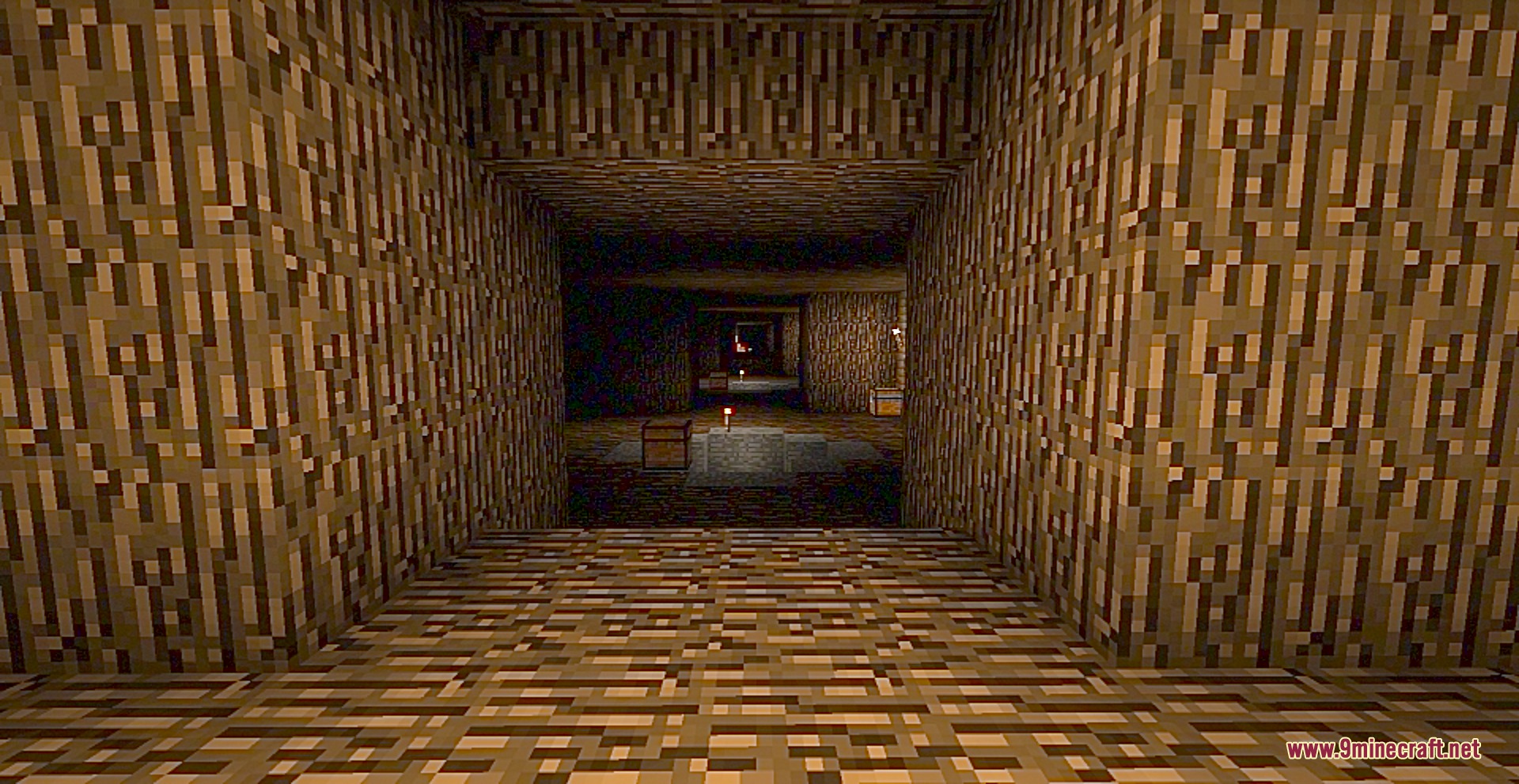 Vanilla Breach Paradox Mod Screenshot 1 A dark hallway made of oak logs with chests and torches in the distance