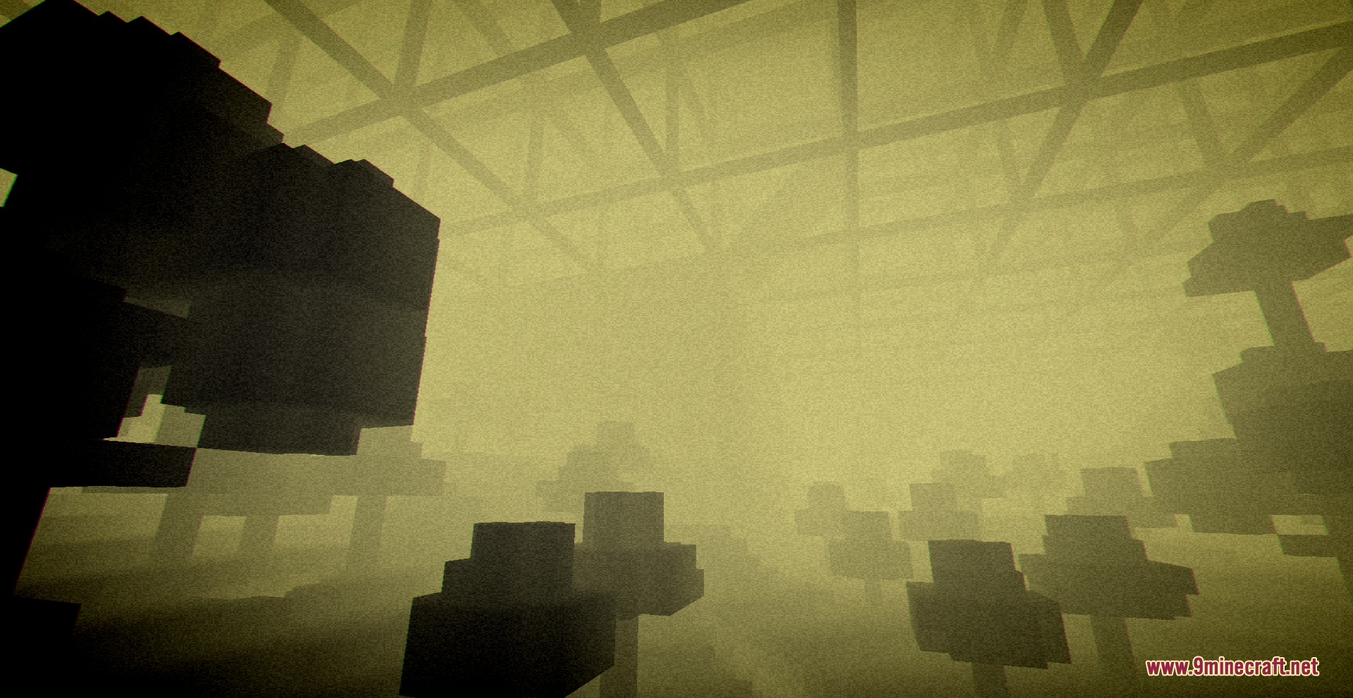Vanilla Breach Paradox Mod Screenshot 3 Blocky trees stand in a thick yellow fog within a mysterious custom dimension