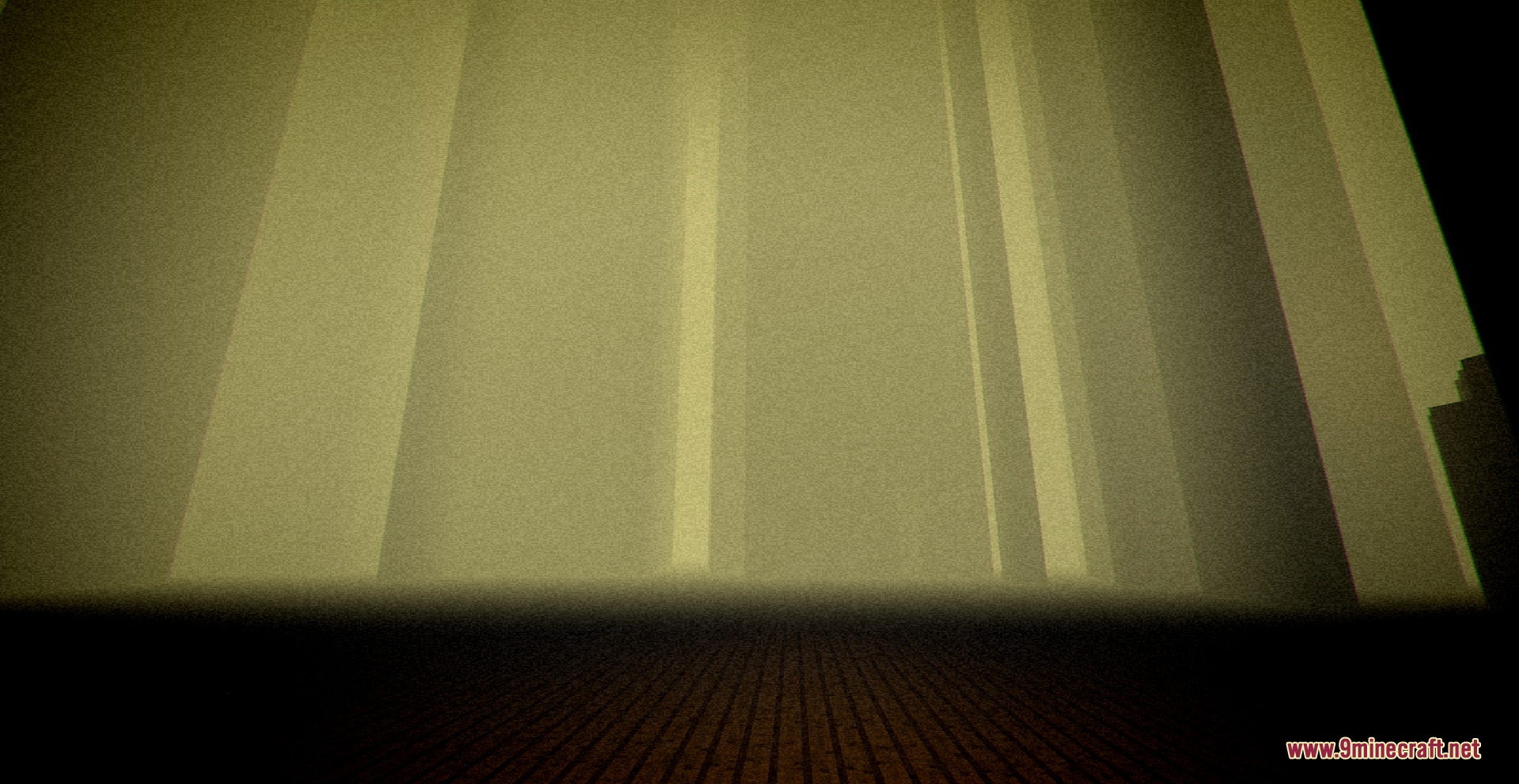 Vanilla Breach Paradox Mod Screenshot 4 Bright vertical light beams shine through thick fog in a dark Minecraft realm