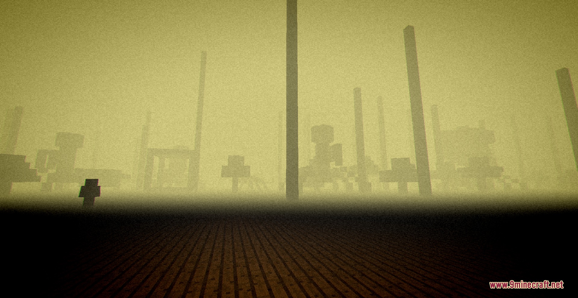 Vanilla Breach Paradox Mod Screenshot 6 Tall wooden pillars stand in a foggy yellow dimension with a shadowy figure