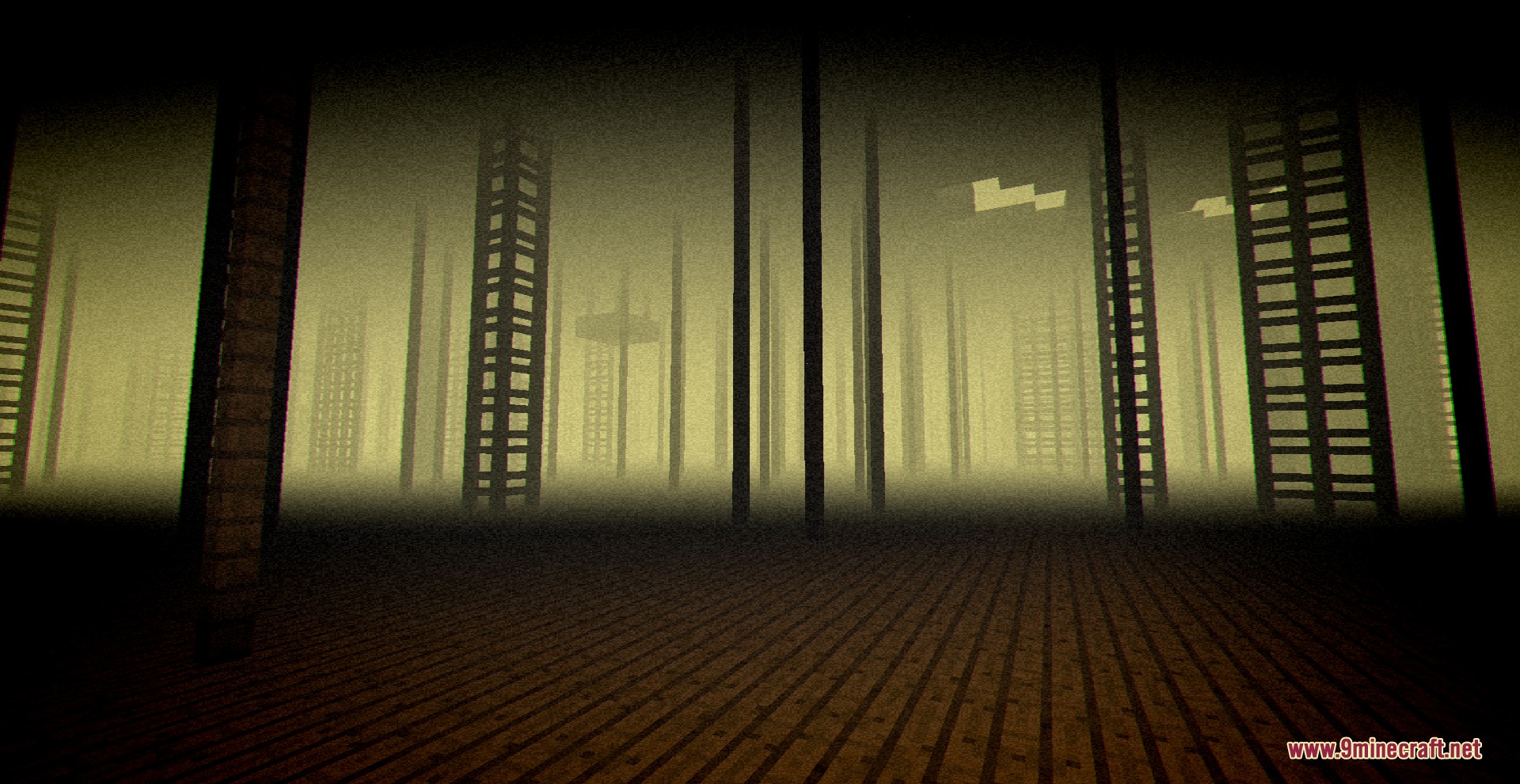 Vanilla Breach Paradox Mod Screenshot 7 An eerie dimension filled with tall wooden pillars and thick yellow fog