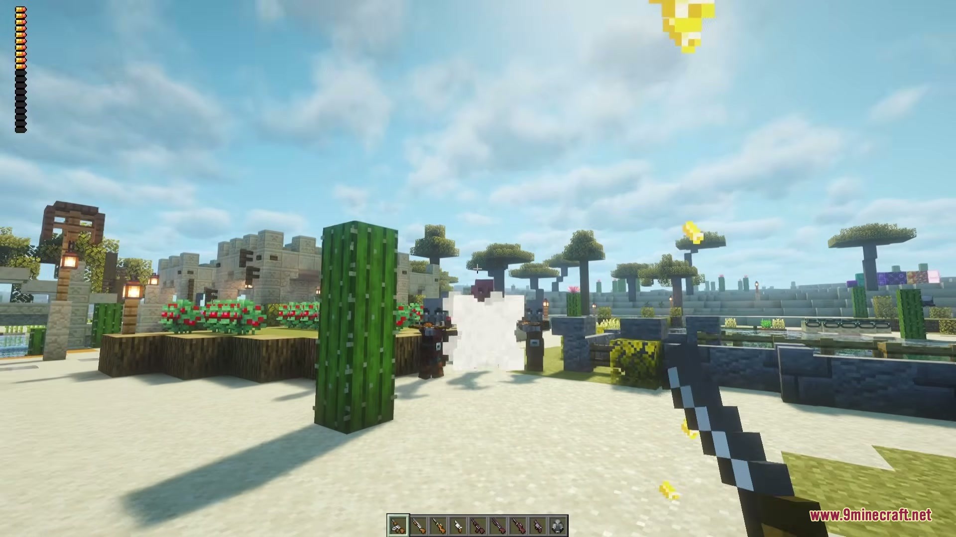 Vanilla Gun Mod Screenshot 6 Firing a rifle at Pillagers with smoke effects and gold bullet casings