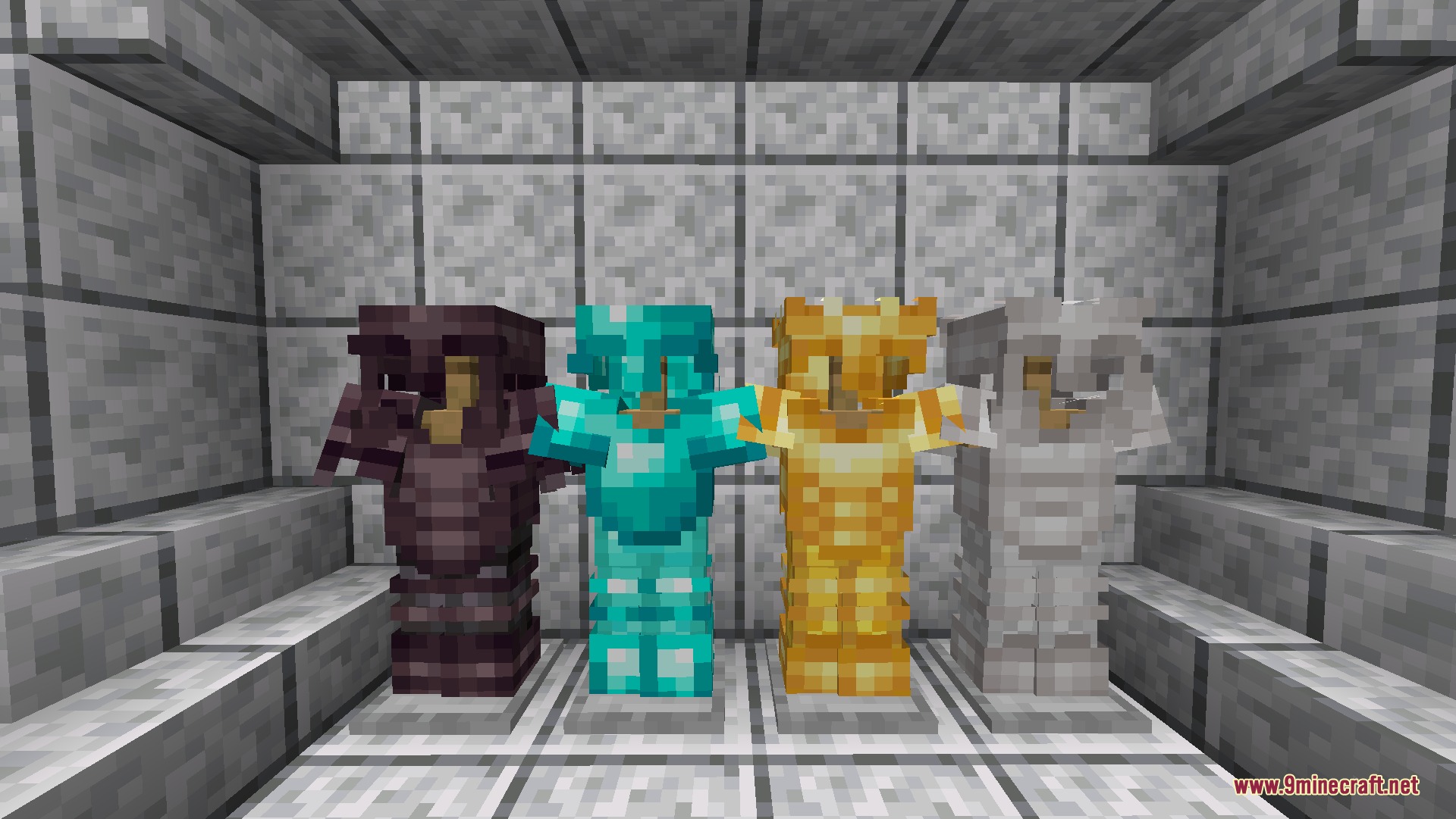Vanilla Reborn RP by Guonith Resource Pack Screenshot 2 Display of various upgraded armor sets on stands inside a stone room
