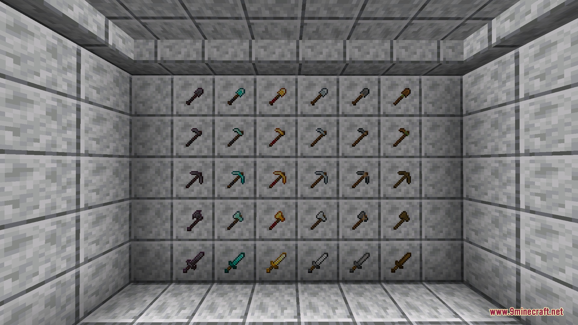 Vanilla Reborn RP by Guonith Resource Pack Screenshot 3 Various Minecraft tools with updated textures displayed on a stone wall in frames
