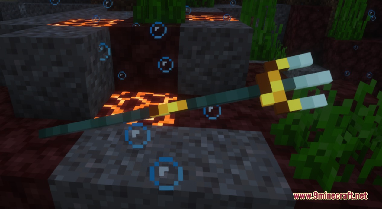Vanilla Reborn RP by Guonith Resource Pack Screenshot 4 A trident with glowing parts floating underwater near magma blocks and bubbles