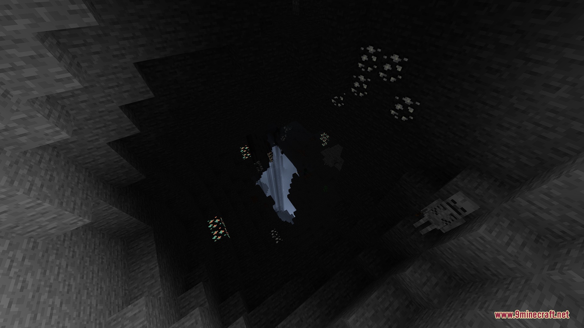 Vanilla Reborn RP by Guonith Resource Pack Screenshot 8 Various glowing ores illuminate a dark cave with a skeleton on the floor