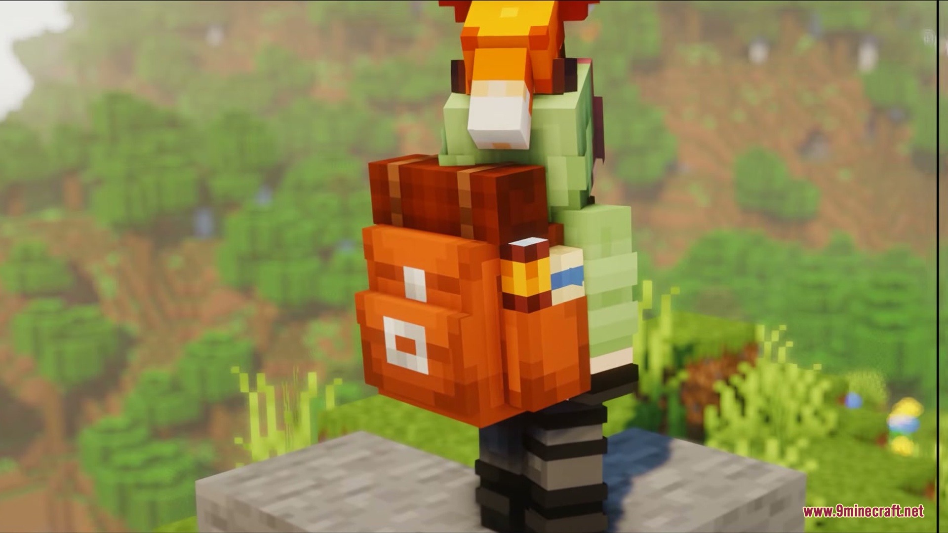 Vanilla Sophisticated Backpacks Resource Pack Screenshot 1 A Minecraft character wearing a large orange backpack with a fox on top