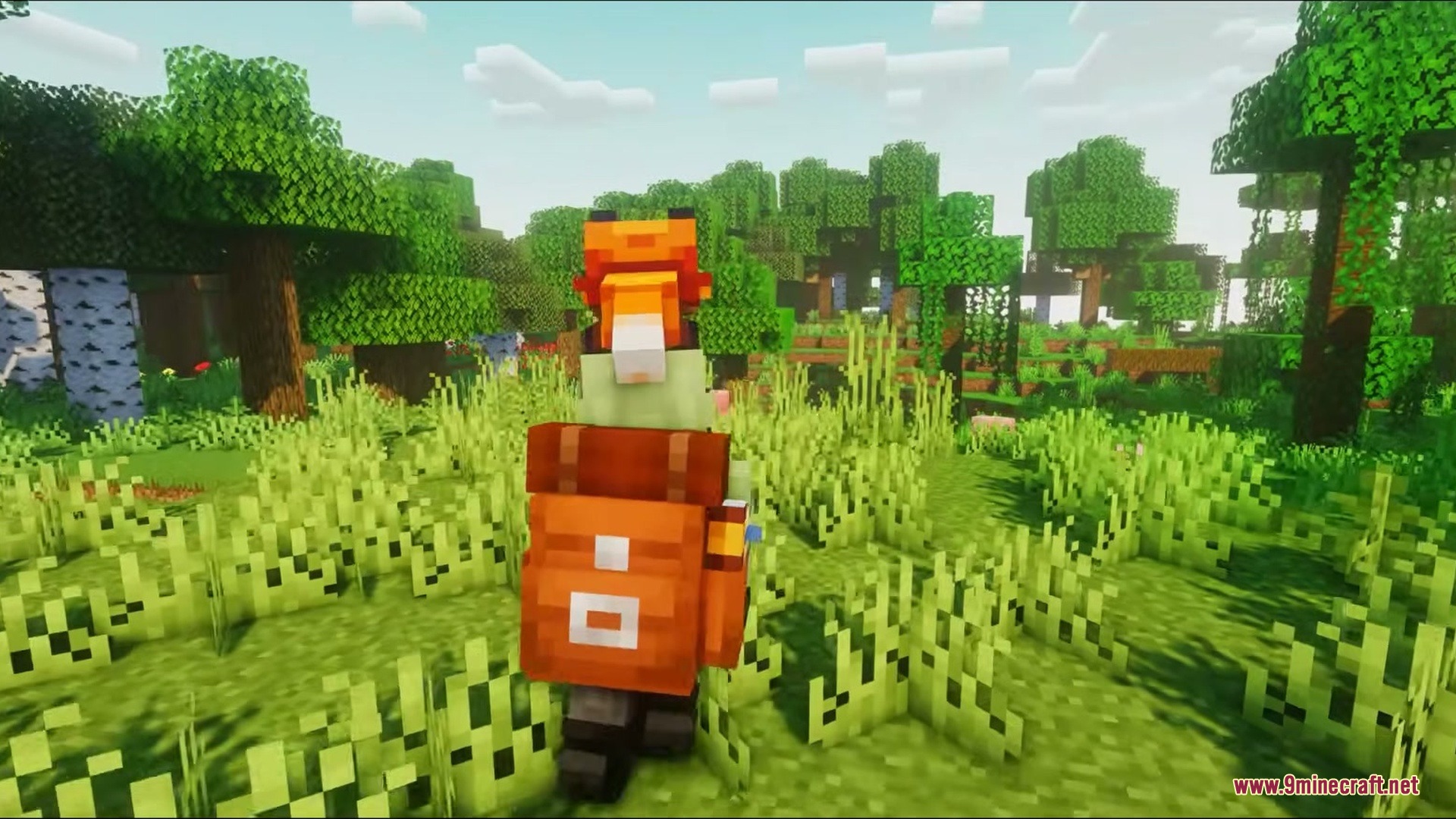 Vanilla Sophisticated Backpacks Resource Pack Screenshot 2 A player exploring a forest while wearing a large orange backpack and fox