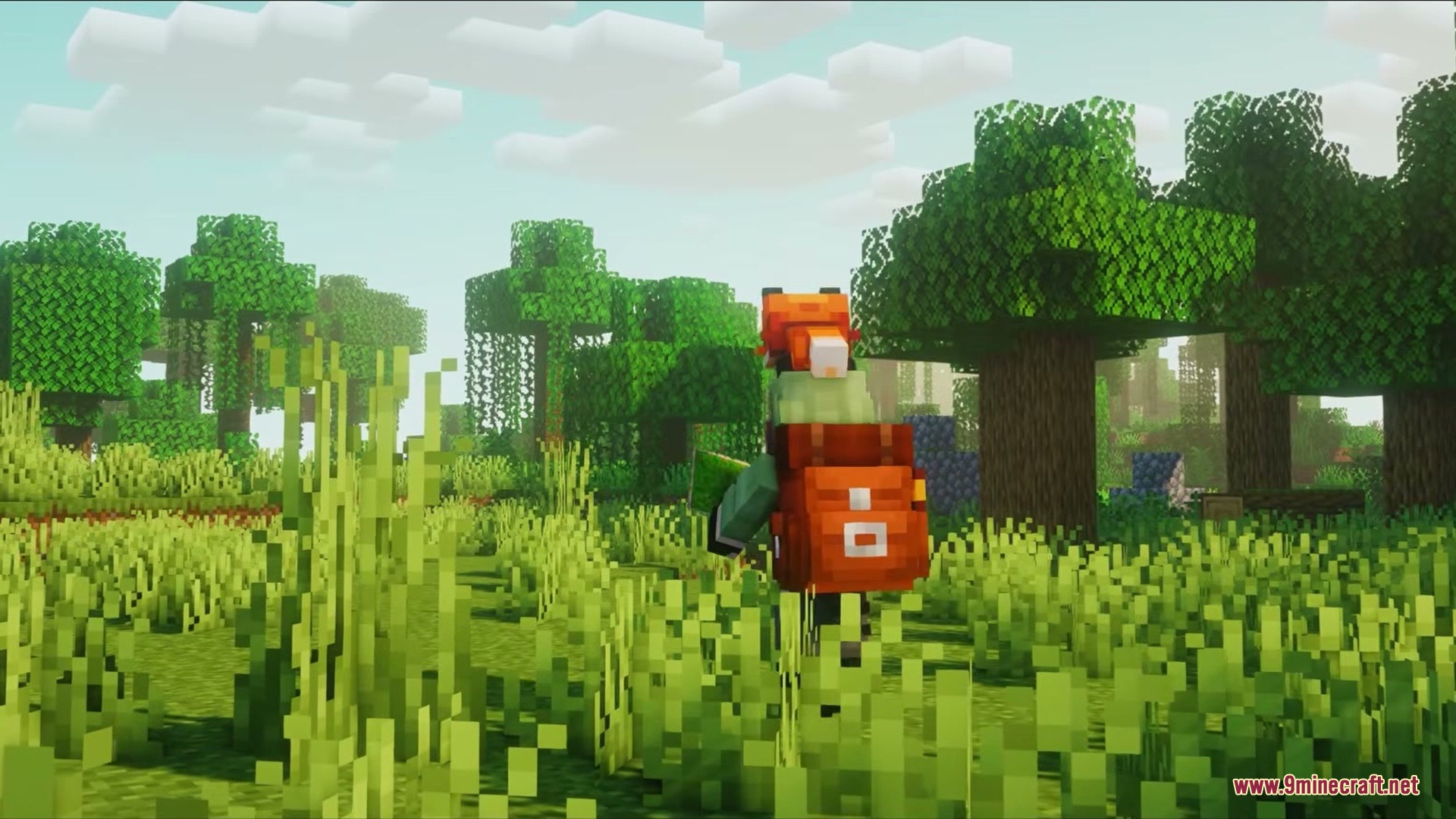Vanilla Sophisticated Backpacks Resource Pack Screenshot 4 A character carrying a vanilla style backpack walks through a dense green forest