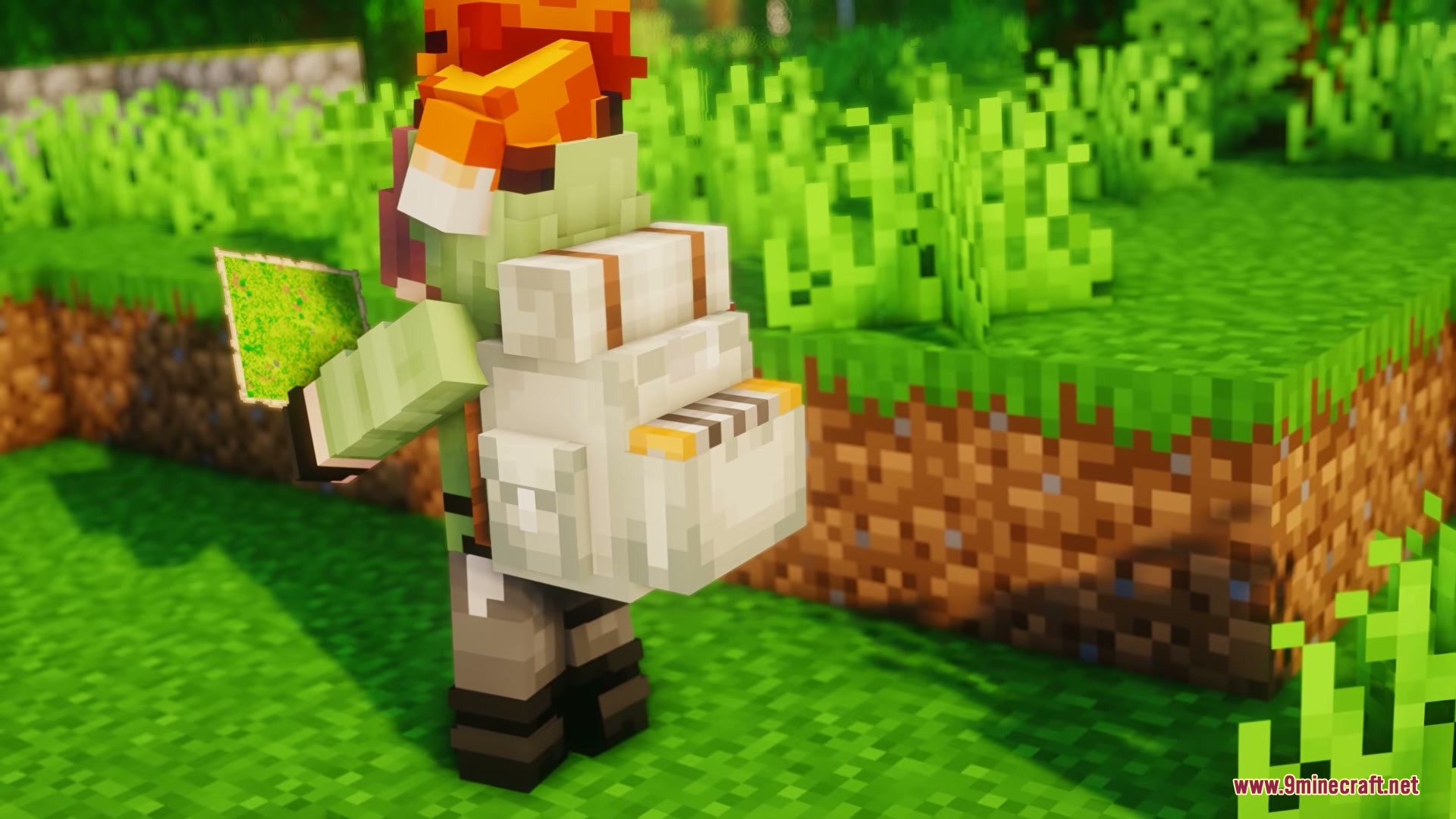 Vanilla Sophisticated Backpacks Resource Pack Screenshot 6 Player wearing a white backpack carries a fox on their head holding a map