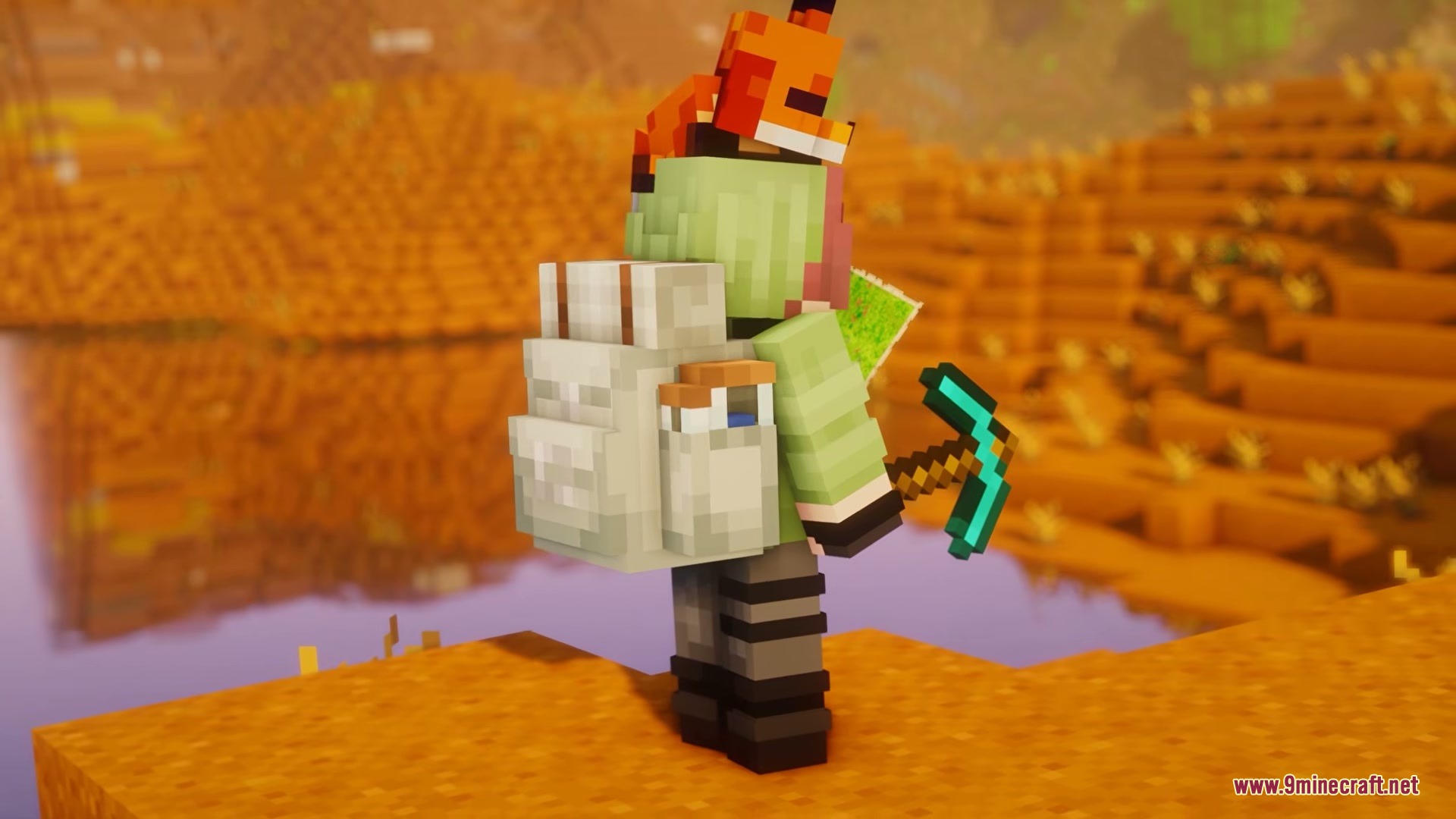 Vanilla Sophisticated Backpacks Resource Pack Screenshot 7 Minecraft player with a white backpack and a fox sitting on their head