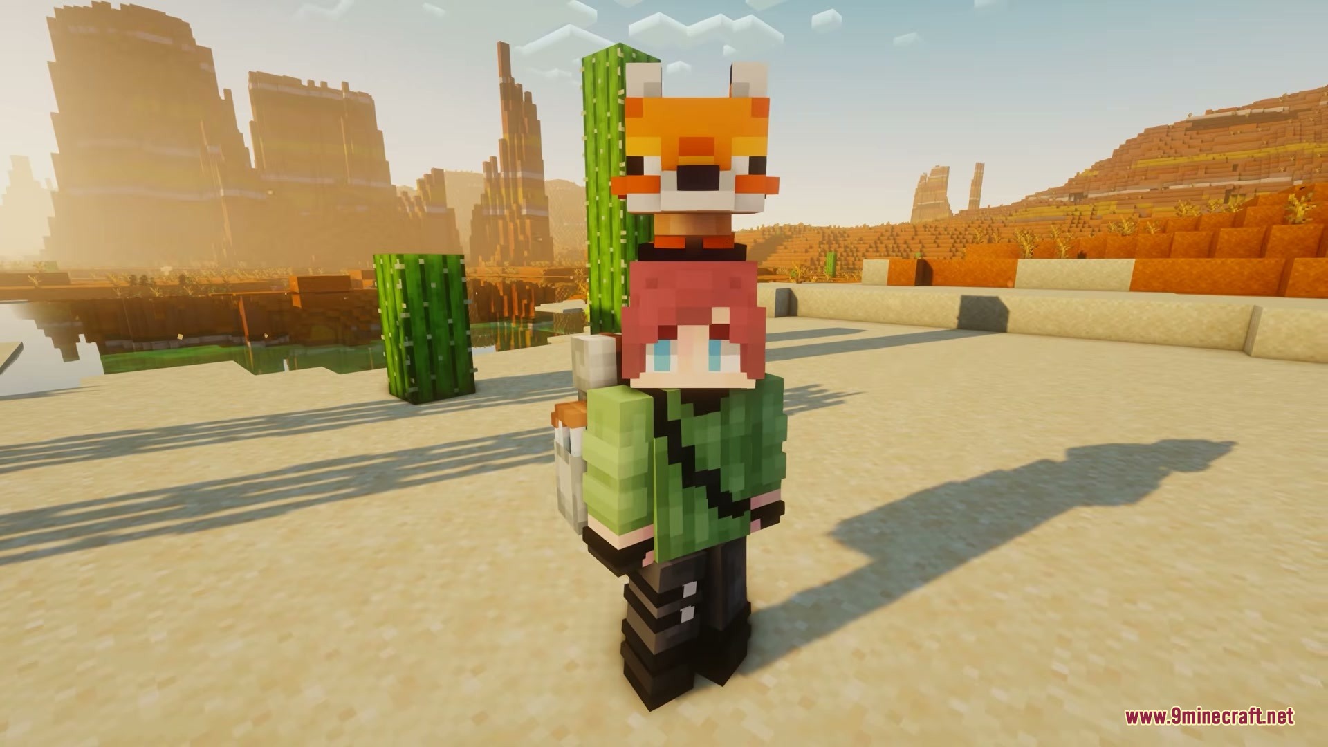 Vanilla Sophisticated Backpacks Resource Pack Screenshot 8 Front view of Minecraft player wearing a white backpack in a desert biome