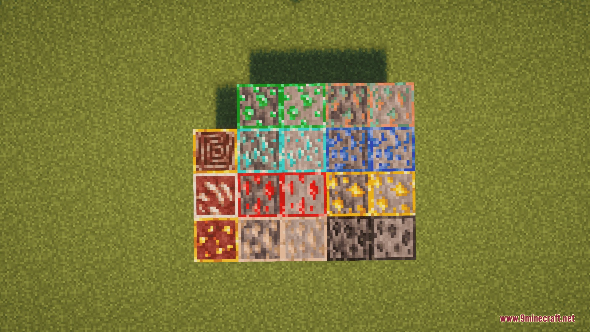 Vantage Point Clarity Resource Pack Screenshot 6 Various Minecraft ore blocks displayed on grass with distinct colored outlines