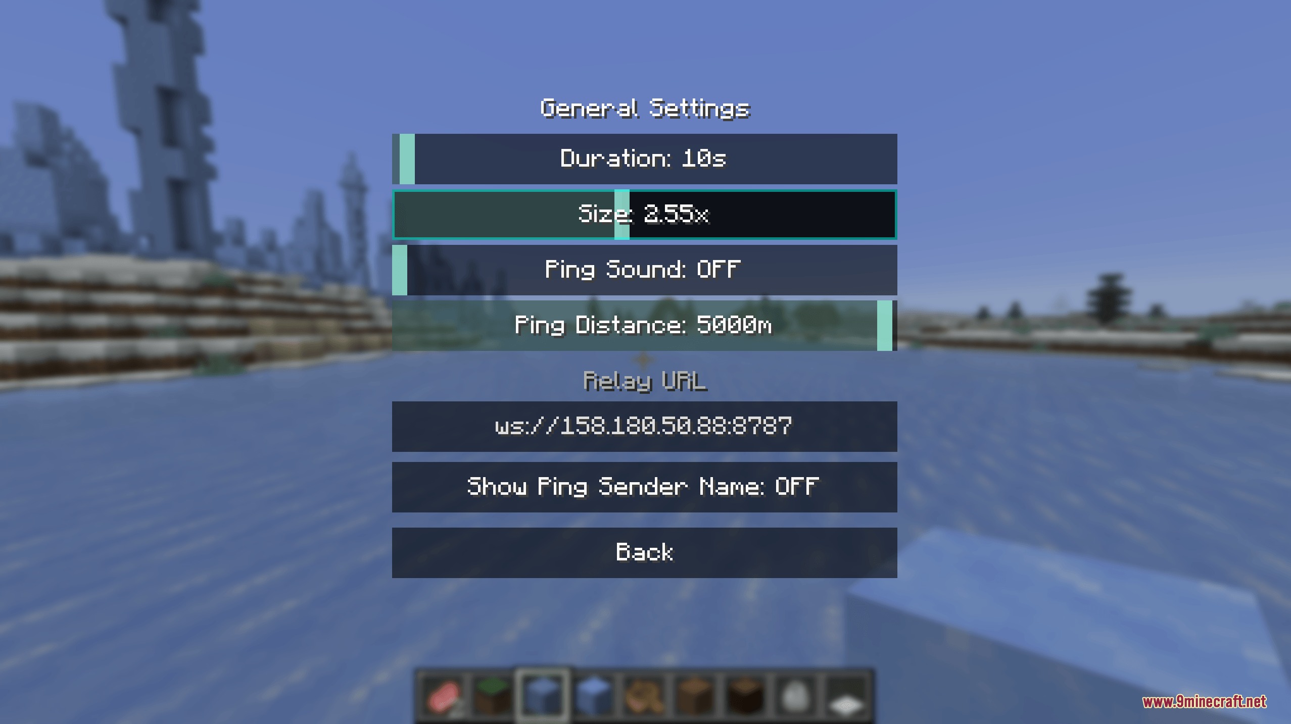 Vantage Point Signal Mod Screenshot 1 General settings menu for adjusting ping duration and size in Minecraft