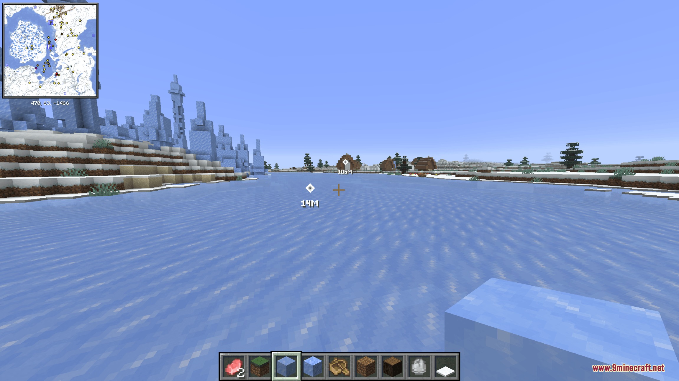 Vantage Point Signal Mod Screenshot 3 White location markers showing distance to points on a vast frozen lake