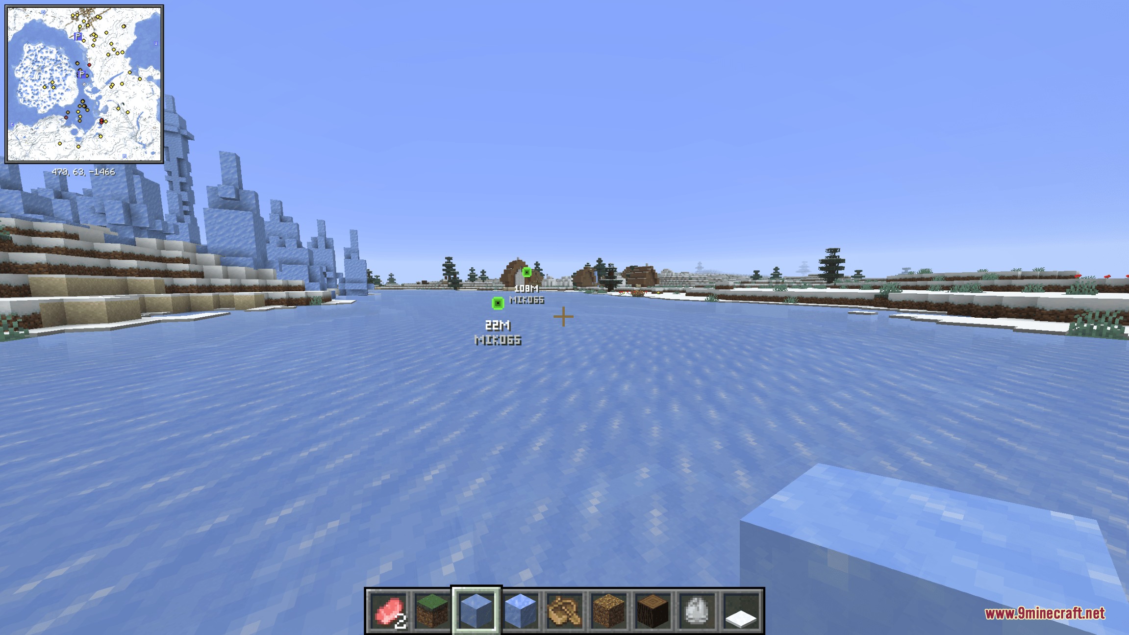 Vantage Point Signal Mod Screenshot 6 Active signal markers display distances to specific locations in a frozen Minecraft world