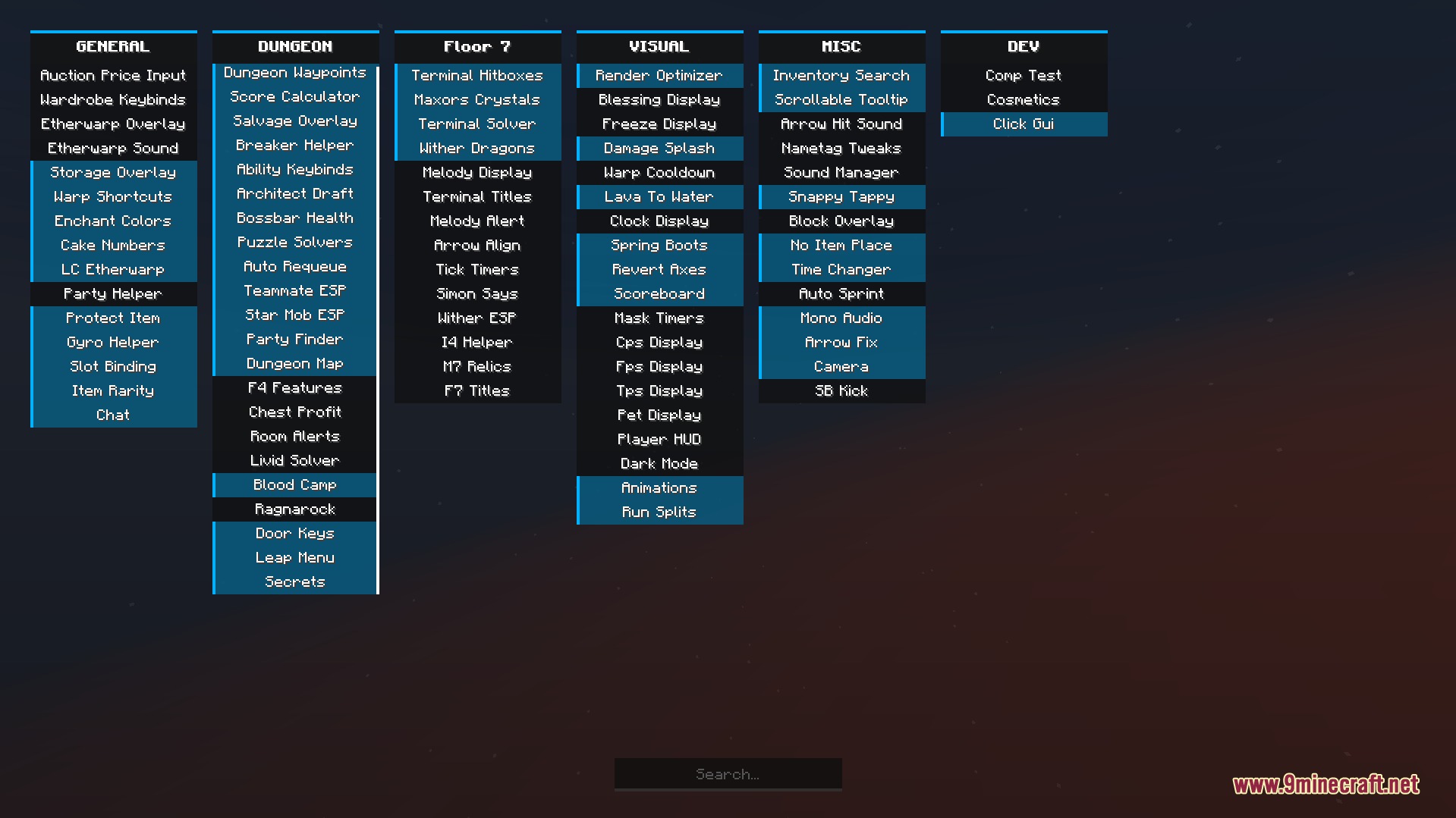 Vantage Sky Logic Mod Screenshot 1 Vantage Sky Logic Mod configuration menu with various utility and dungeon settings
