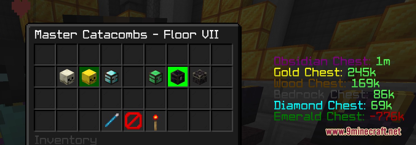 Vantage Sky Logic Mod Screenshot 2 Dungeon reward screen displaying chest loot and estimated profit values in Minecraft