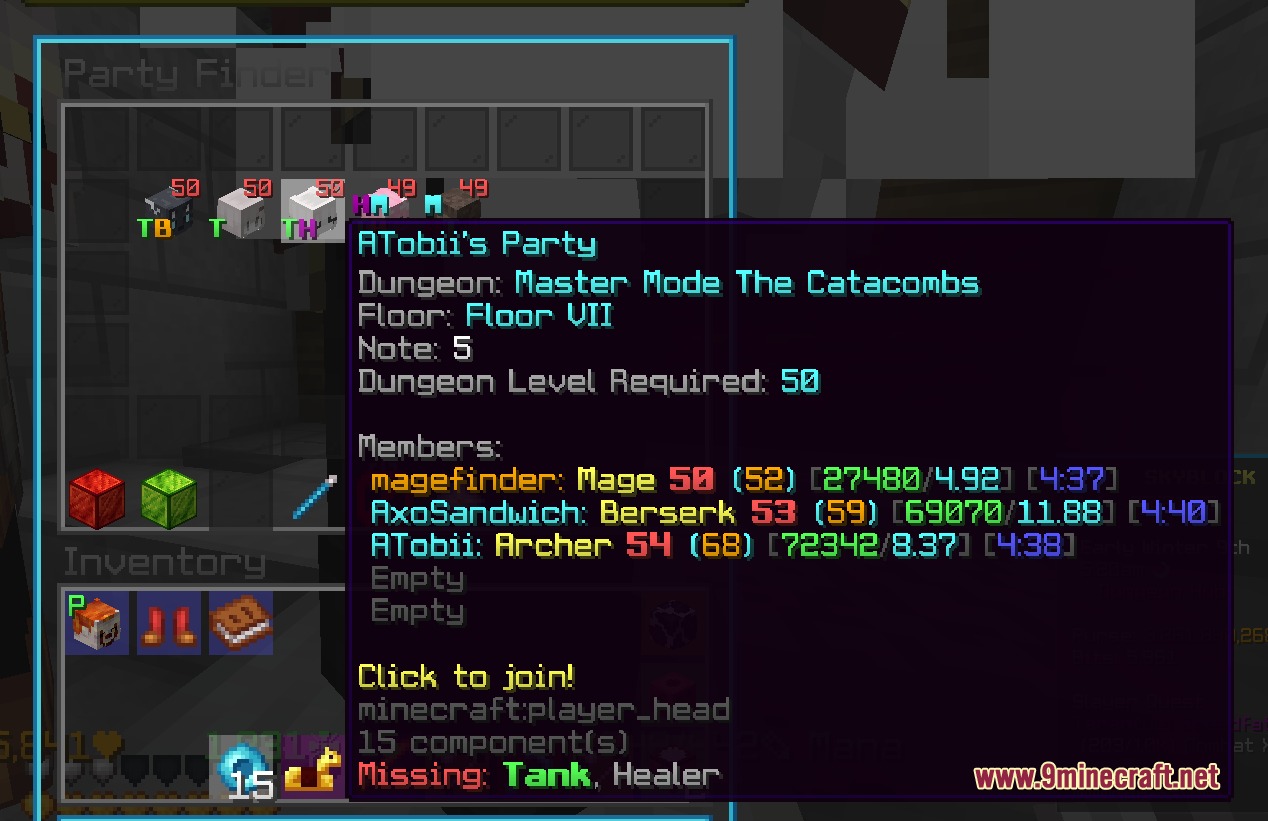 Vantage Sky Logic Mod Screenshot 4 Party finder menu displaying player stats and missing roles for a dungeon floor
