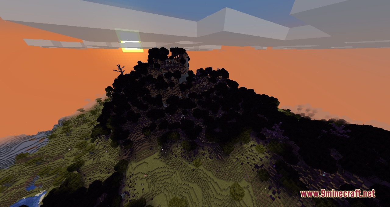 Vaporized Intentions Mod Screenshot 6 Corrupted forest with dark trees on a hillside under an orange sunset