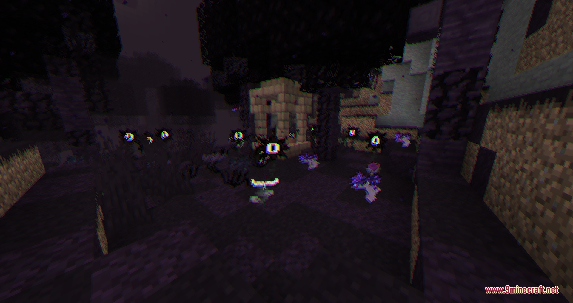 Vaporized Intentions Mod Screenshot 7 Multiple floating eye entities called Corruptinies hovering in a dark eerie biome