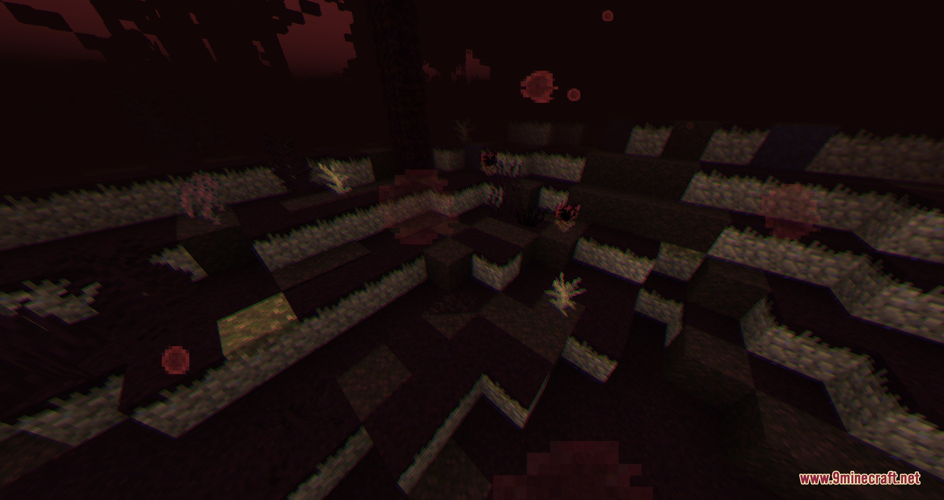 Vaporized Intentions Mod Screenshot 8 Red Corrupted Spores floating over a dark landscape in the Hazed Plains biome