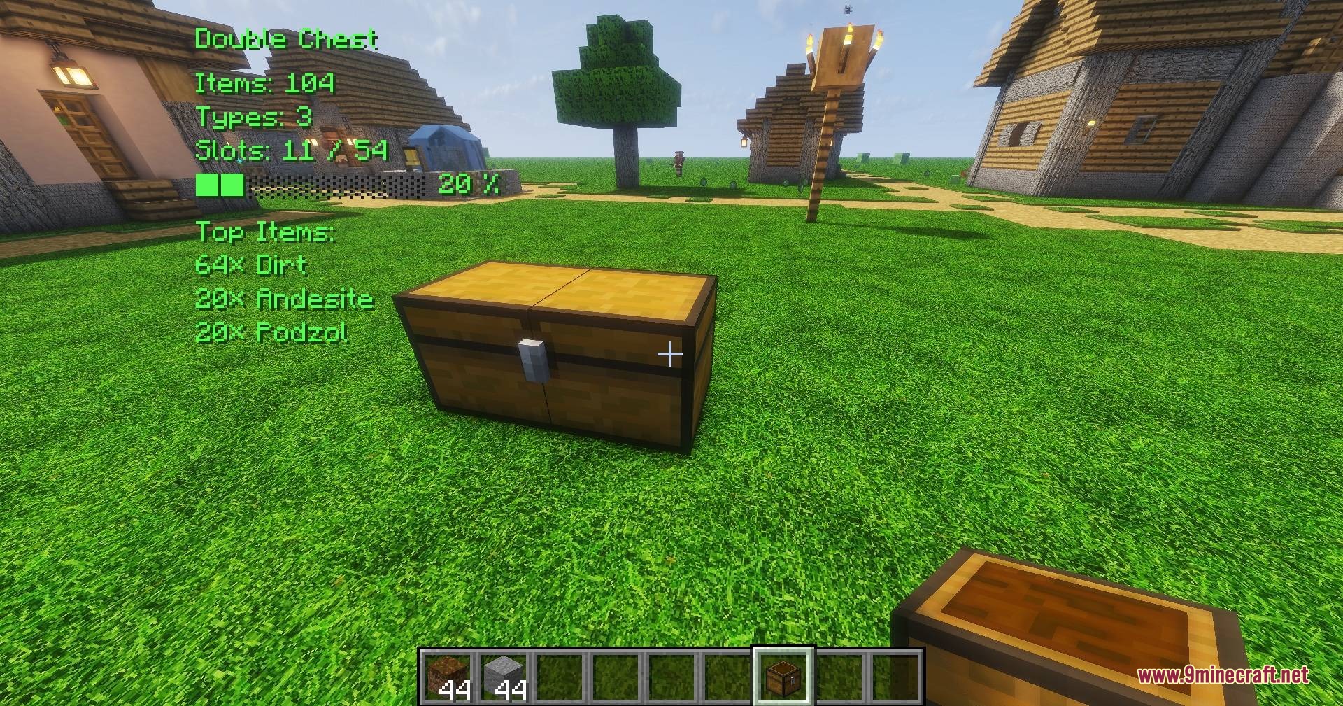 Vault Vision Peek Mod Screenshot 5 A double chest in a village with a green HUD showing inventory details