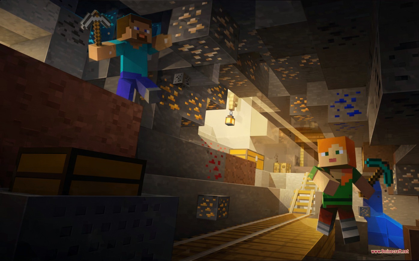 Vein Miner & Preview Data Pack Screenshot 1 Steve and Alex mining gold and lapis ores in a deep underground cave