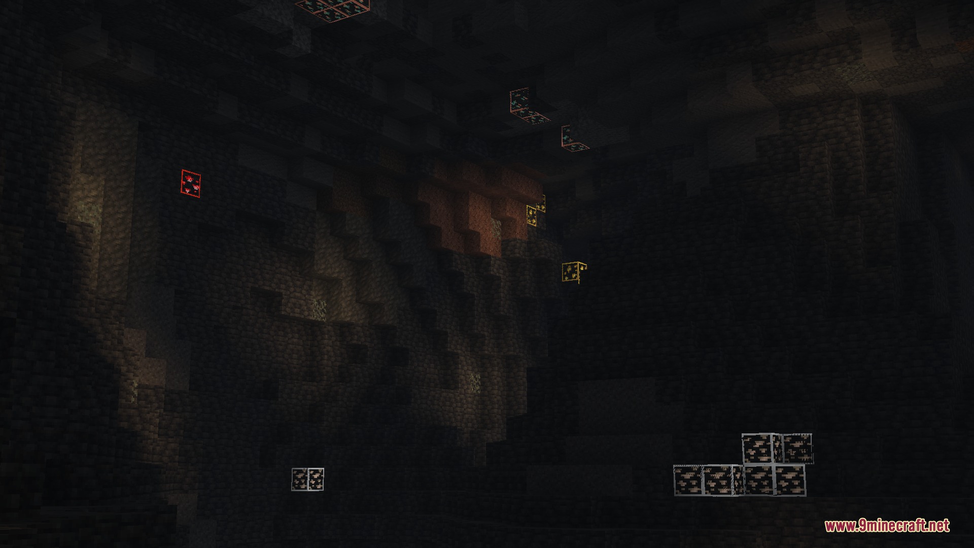 Veinify Better Mining Resource Pack Screenshot 2 Glowing ore outlines visible within a dark underground cave
