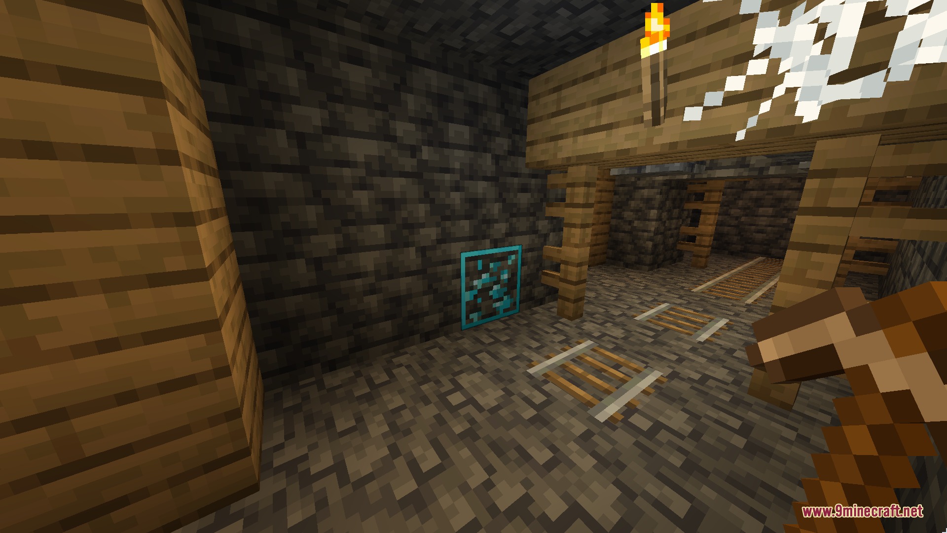 Veinify Better Mining Resource Pack Screenshot 3 Player holding a pickaxe near glowing diamond ore in a dark mineshaft