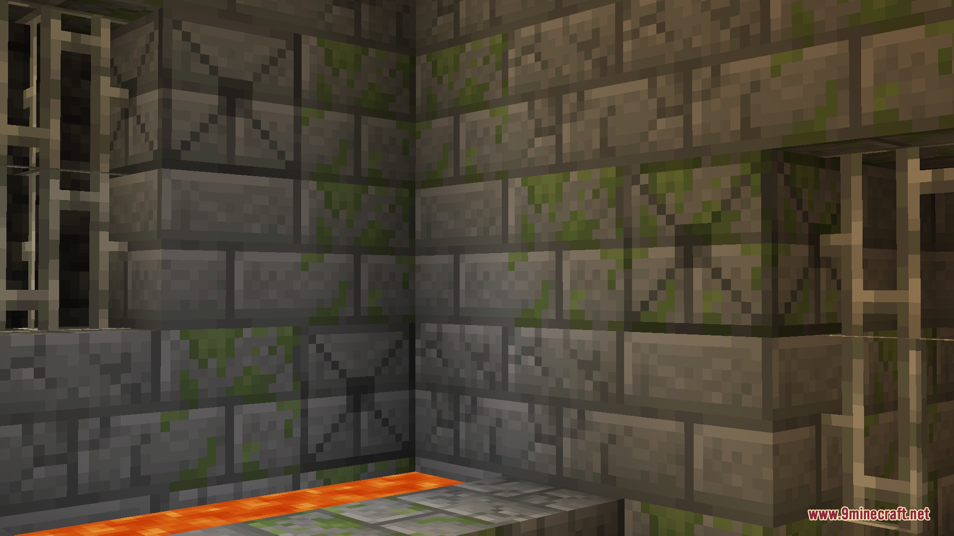 Veinify Better Mining Resource Pack Screenshot 4 Infested stone bricks marked with an X pattern near a lava pool