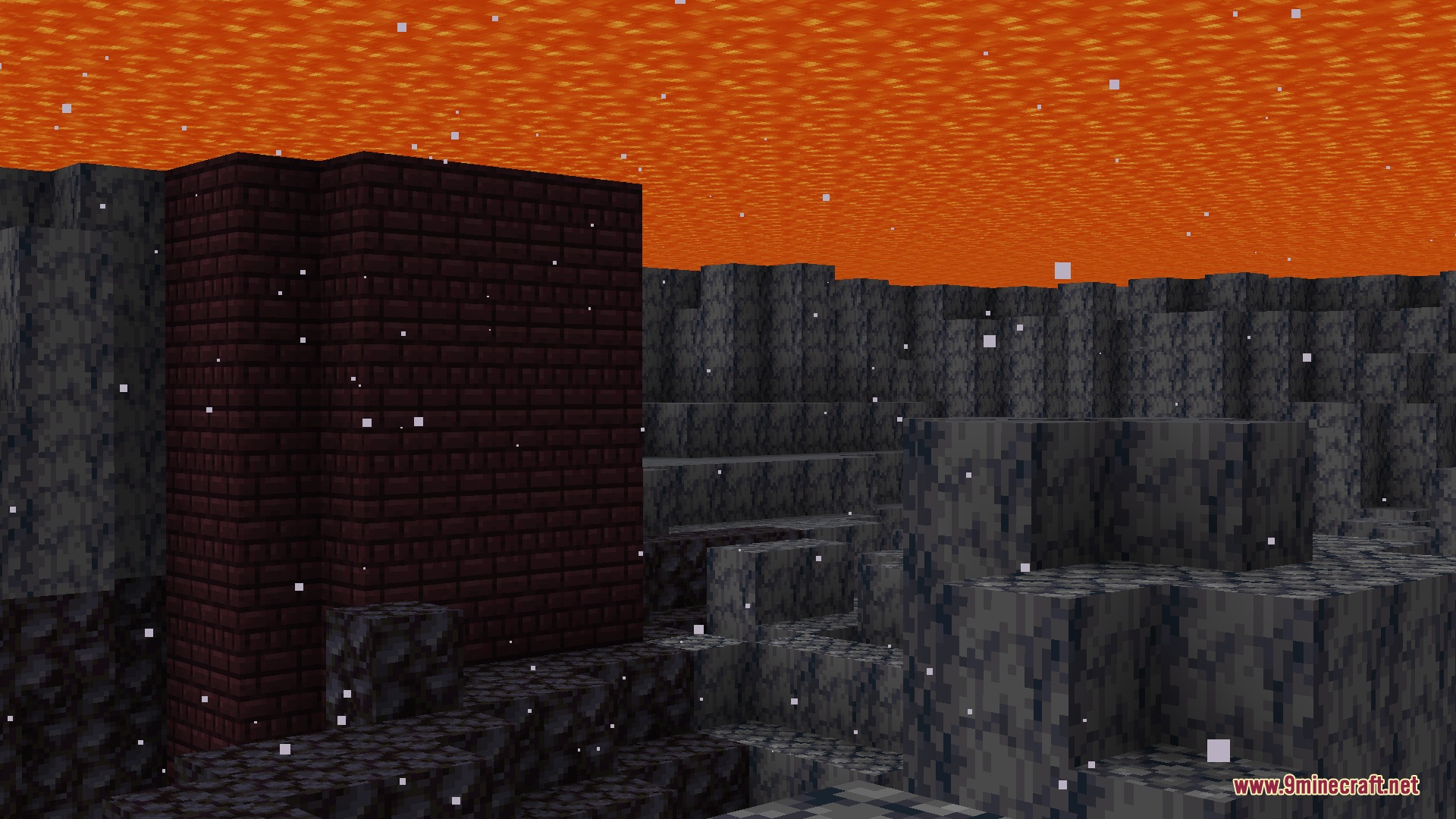 Veinify Better Mining Resource Pack Screenshot 5 Nether brick structure surrounded by basalt blocks under a clear orange lava ceiling