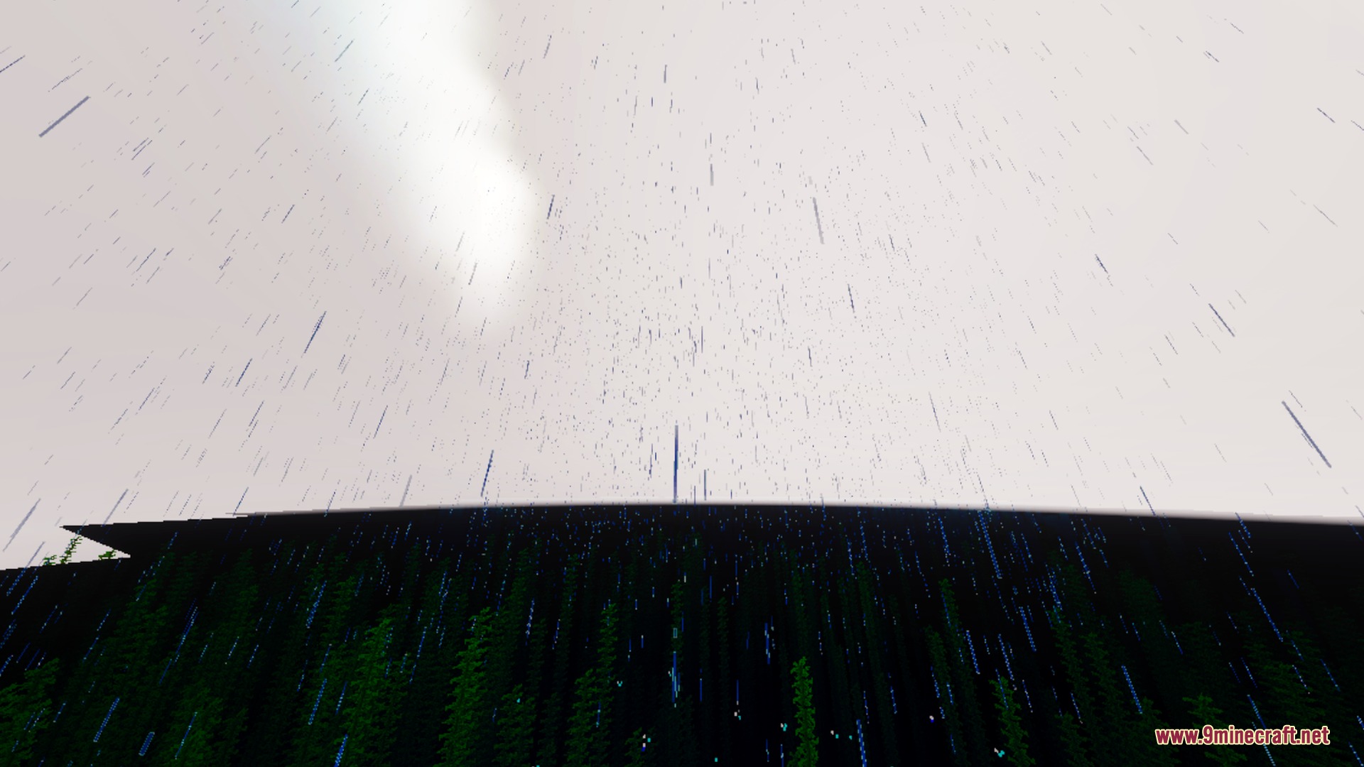 Raindrops falling from a bright sky over dark green vines in Minecraft