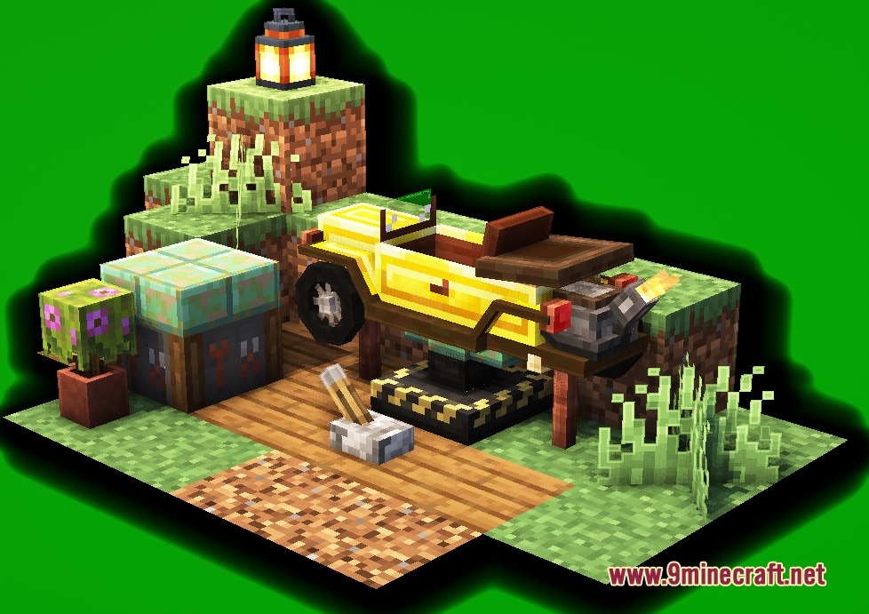 Velocity Forge Refined Mod Screenshot 2 A yellow blocky vehicle sitting on a mechanic table in Minecraft