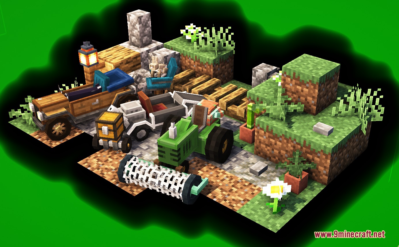 Velocity Forge Refined Mod Screenshot 3 Various custom vehicles like a tractor and car displayed on terrain blocks