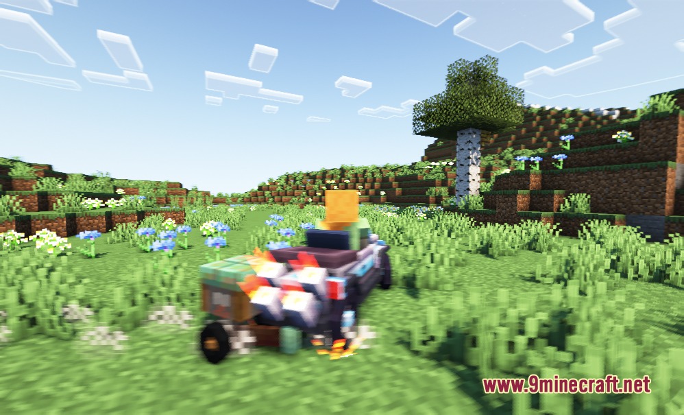 Velocity Forge Refined Mod Screenshot 4 Player driving a small vehicle with exhaust flames across a flowery meadow