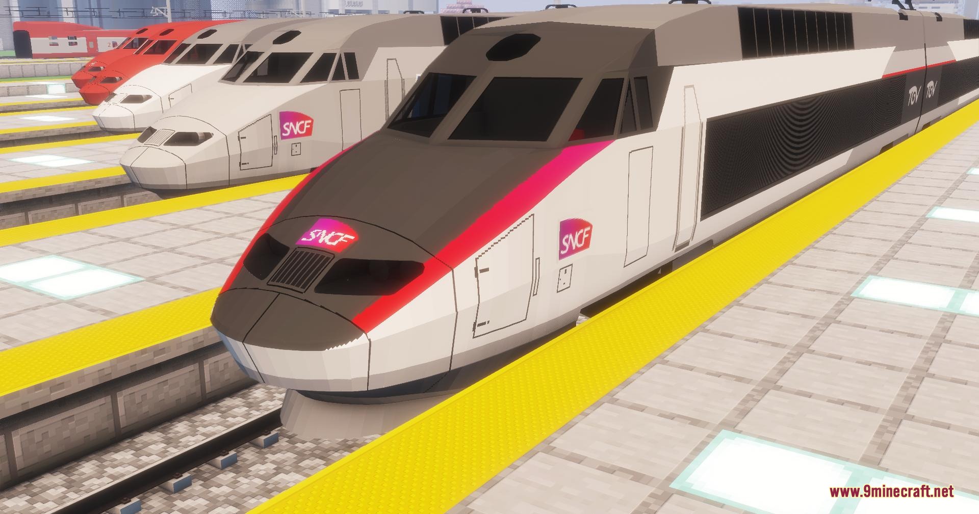 Velocity Rail Streamline Resource Pack Screenshot 2 Multiple French high speed trains parked at a station platform in Minecraft