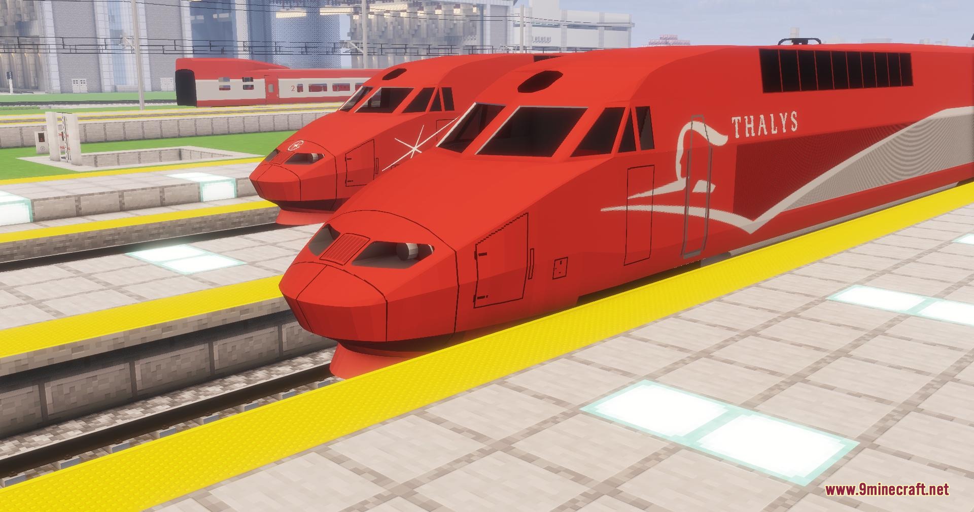 Velocity Rail Streamline Resource Pack Screenshot 5 Two red high speed trains sitting at a platform in a Minecraft station