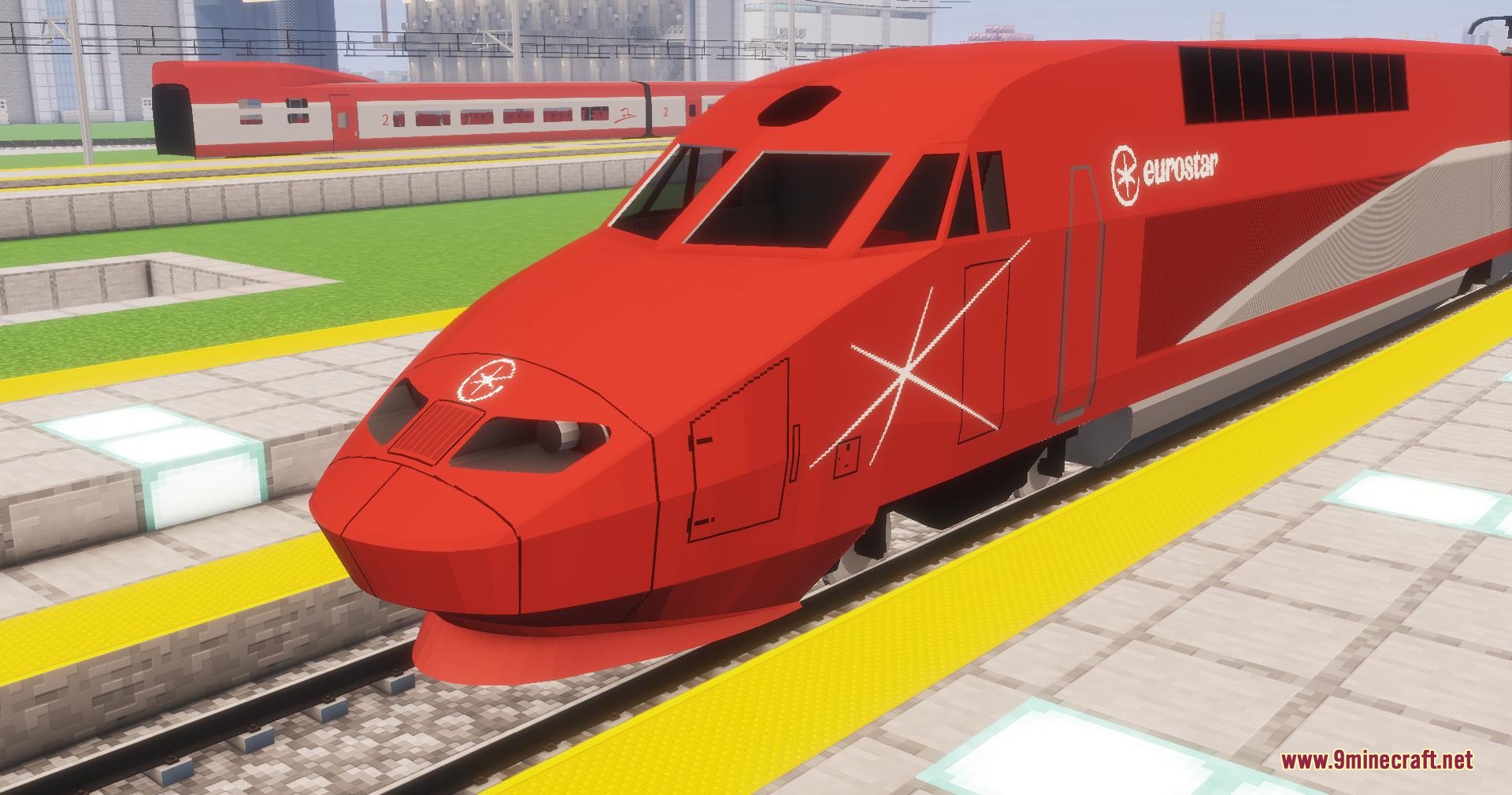 Velocity Rail Streamline Resource Pack Screenshot 6 Close up of a red Eurostar train engine on the railway tracks