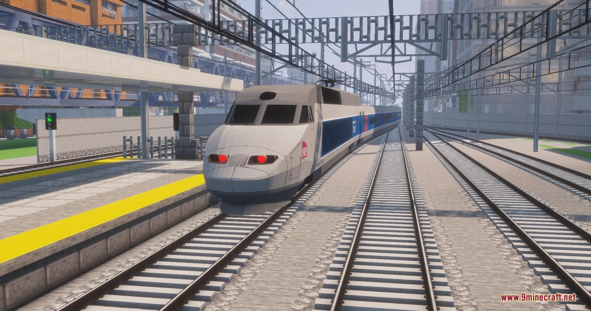 Velocity Rail Streamline Resource Pack Screenshot 7 A sleek high speed train arrives at a modern Minecraft railway station