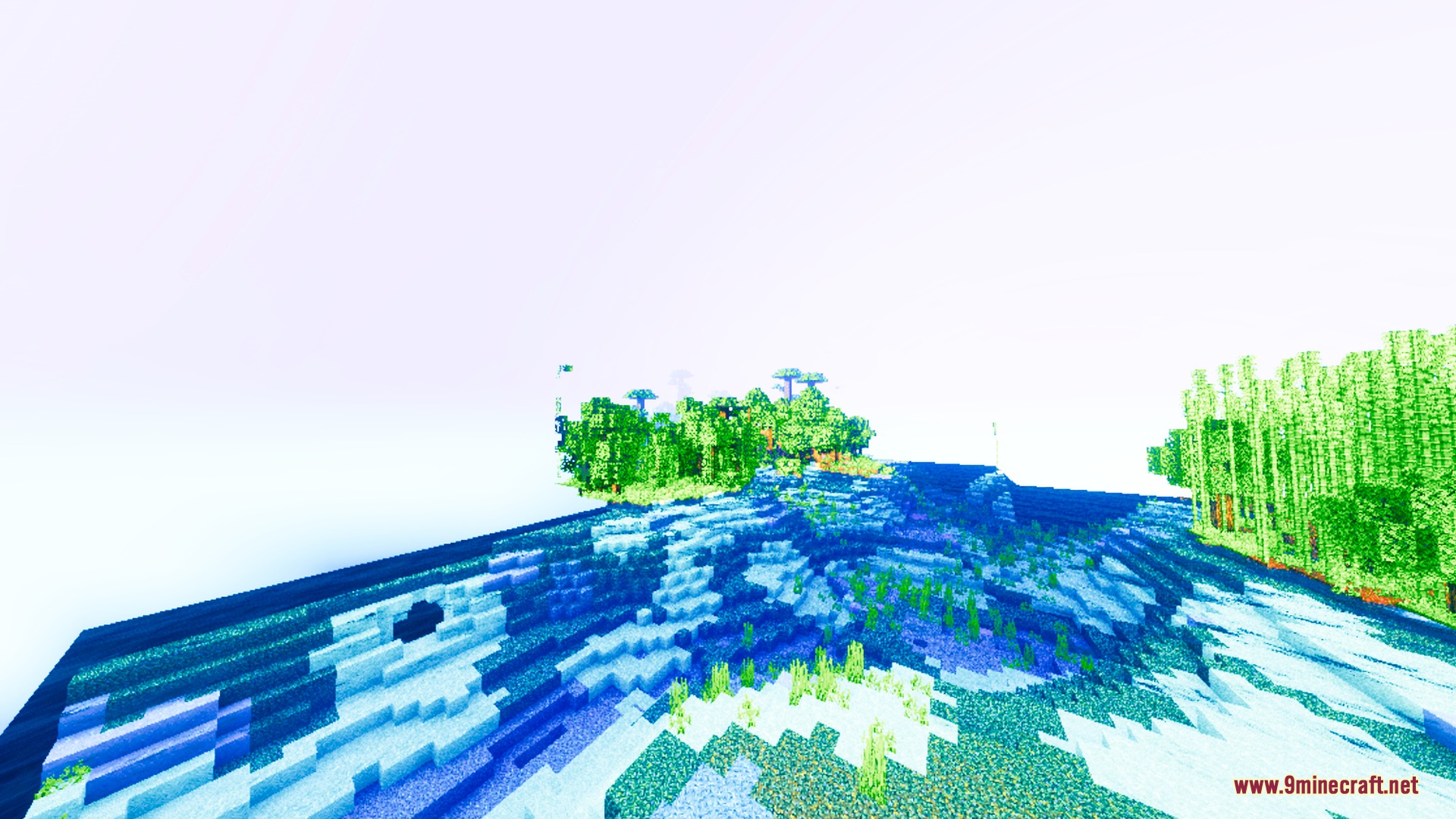 Velora Prism Visuals Shader Screenshot 1 Vibrant tropical island with bamboo and trees surrounded by bright blue ocean water