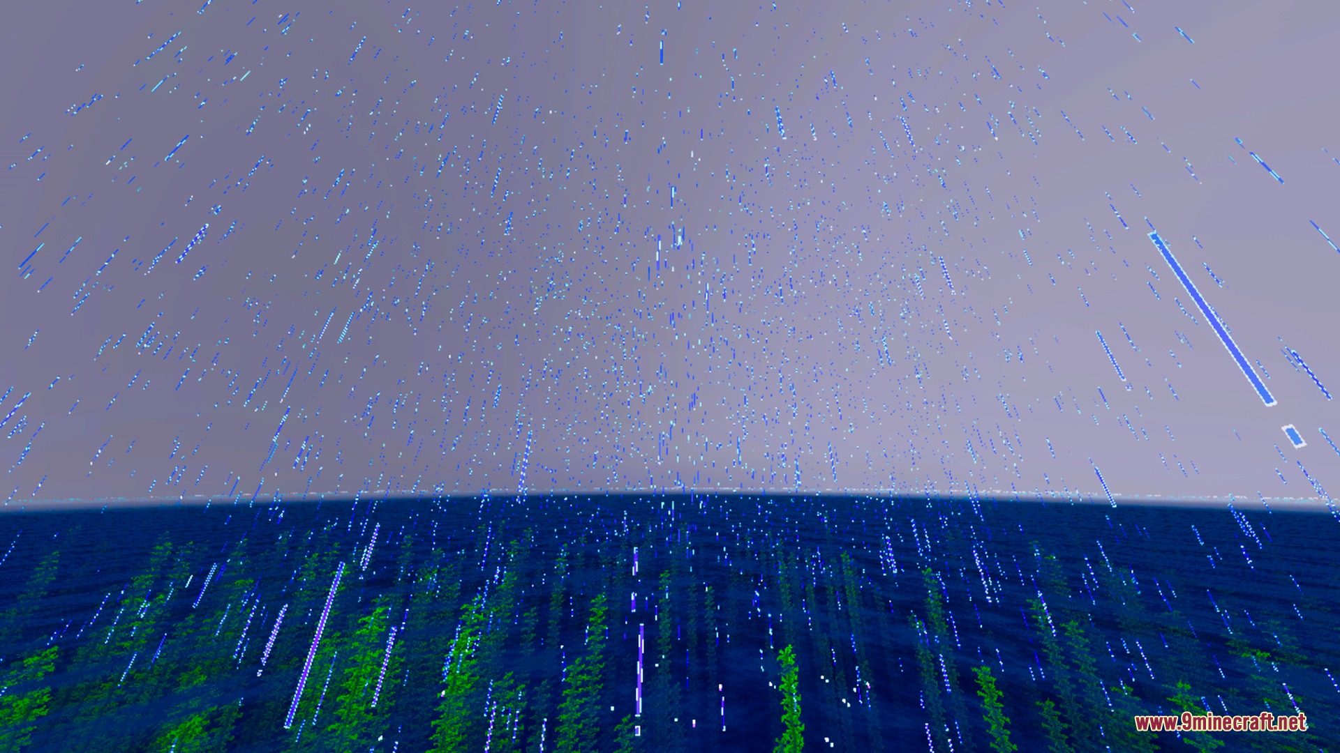 Velora Prism Visuals Shader Screenshot 10 Rain falling over a deep blue ocean with visible green seaweed underwater