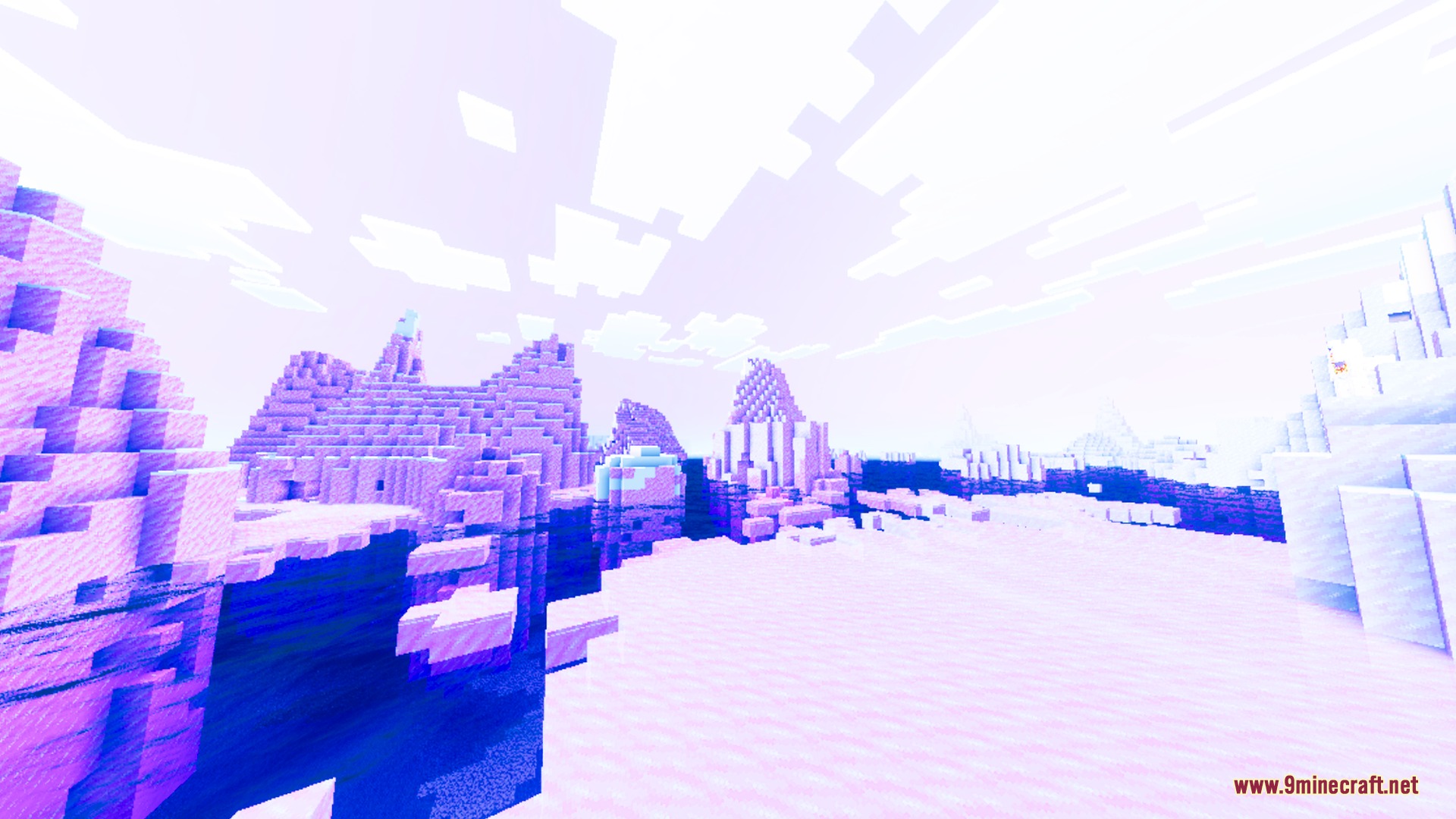 Velora Prism Visuals Shader Screenshot 3 Bright purple lighting illuminates a snowy landscape with large ice spikes and water