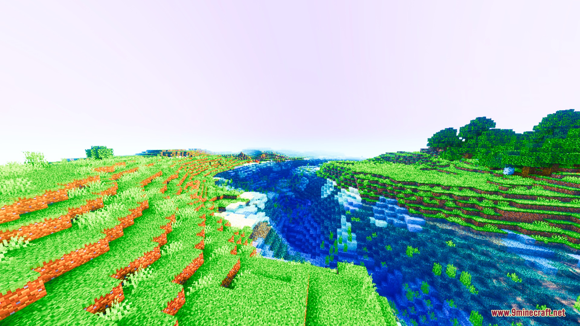 Velora Prism Visuals Shader Screenshot 4 Vibrant green hills and a clear blue river under a bright and saturated sky
