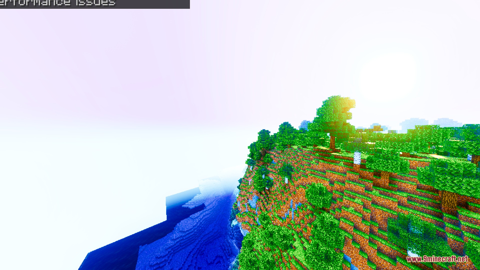 Velora Prism Visuals Shader Screenshot 7 A lush green cliff with trees overlooks a deep blue ocean under bright sunlight