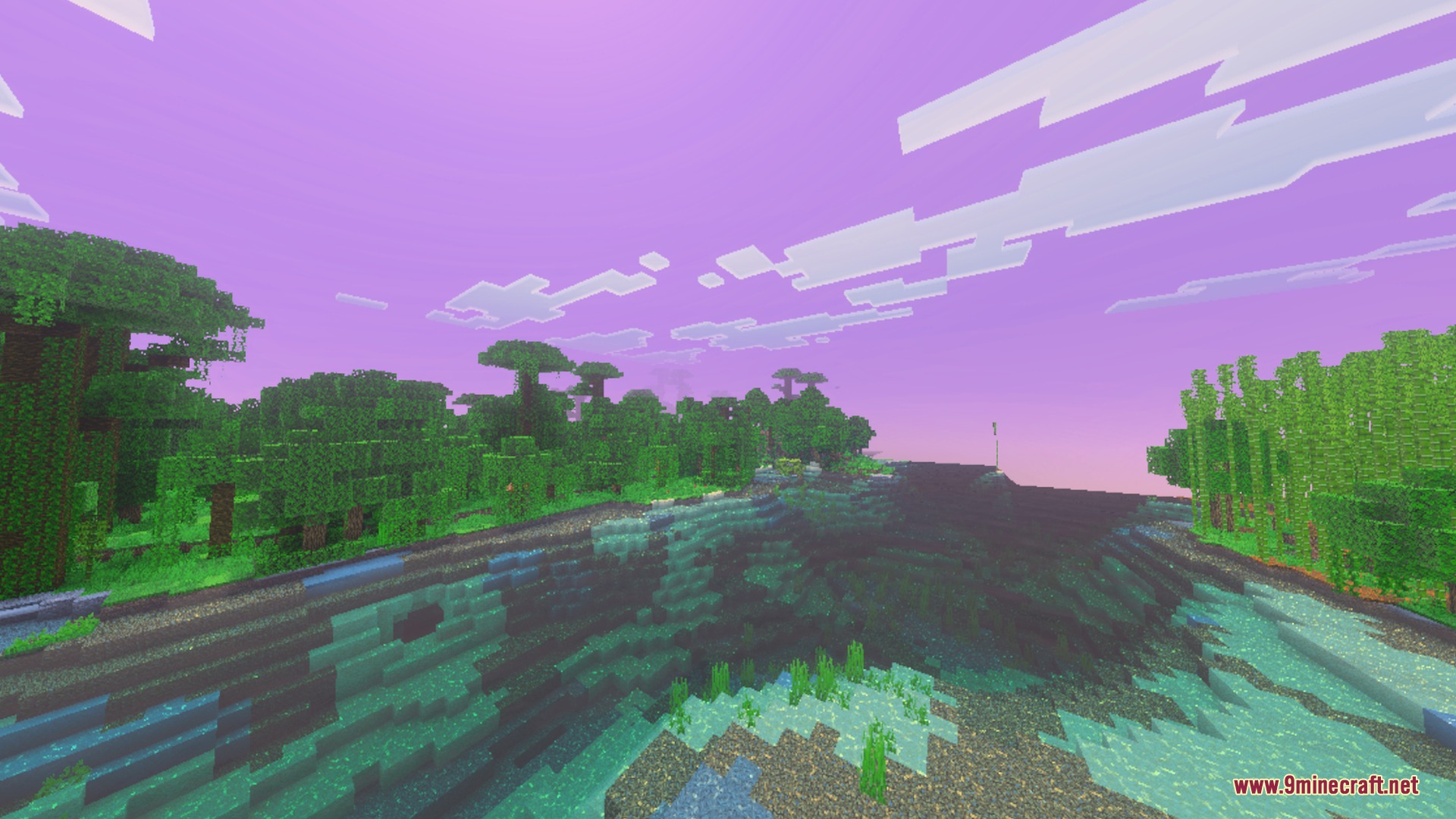 Veloria Visual Shader Screenshot 1 Lush jungle trees and clear water under a magical purple celestial sky