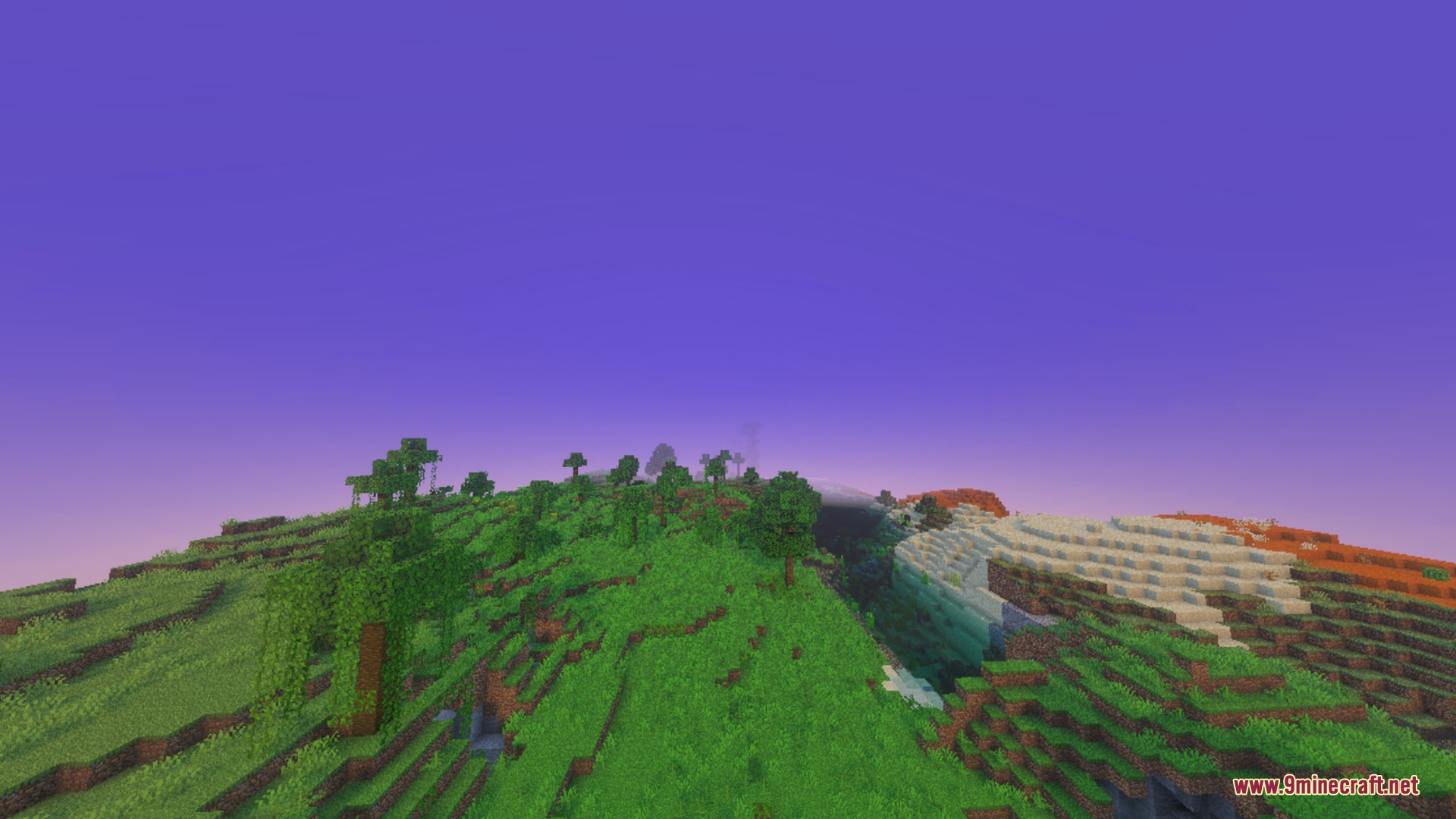 Veloria Visual Shader Screenshot 10 Vibrant green landscape with rolling hills under a soft purple fantasy sky